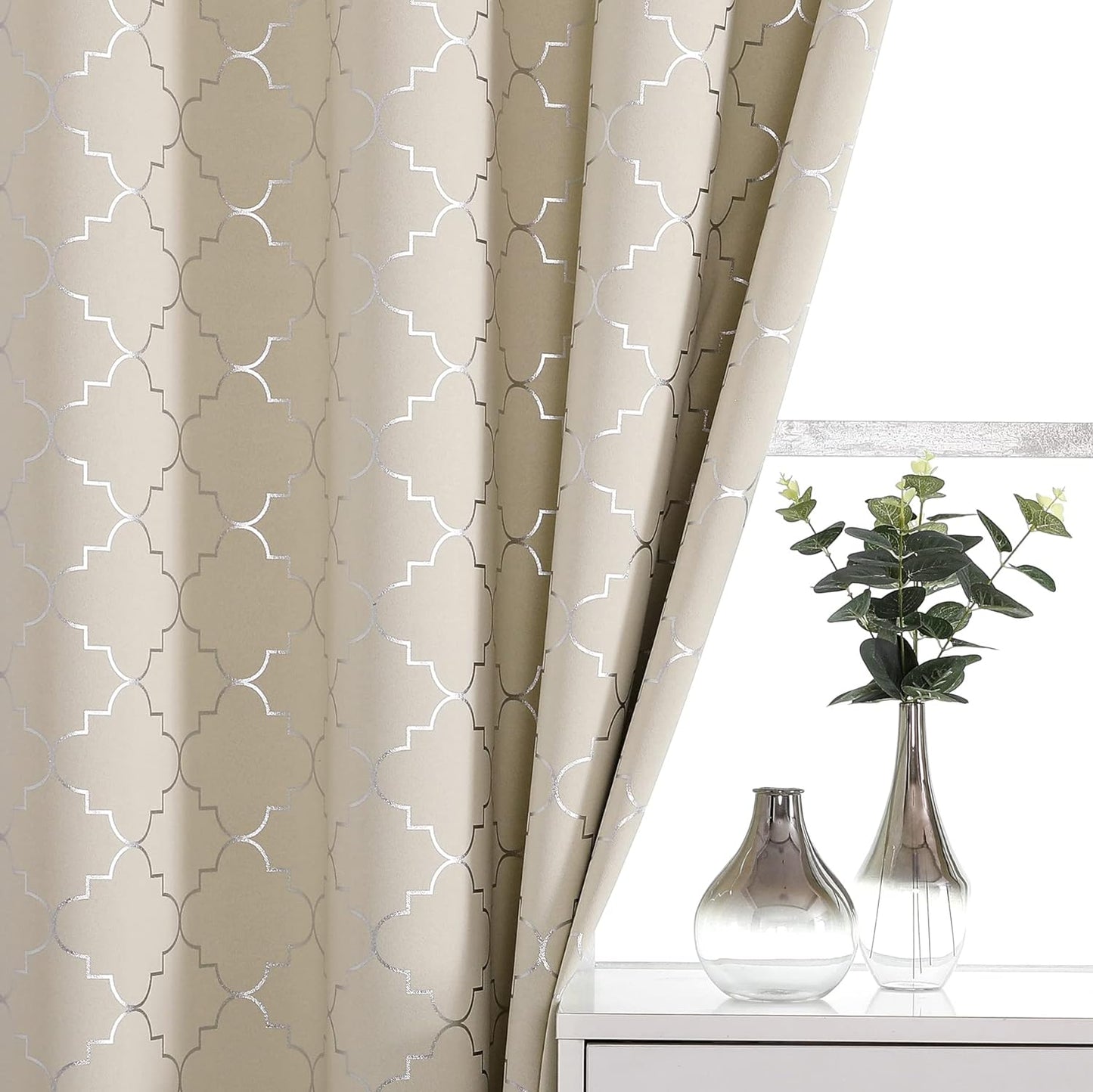 Enactex 100% Full Blackout Curtains 63 Inch Length Thermal Insulated Grey Curtain with Gold Geometric Metallic Pattern, Light Blocking Grommet Window Drapes for Living Room Bedroom, 2 Panels  Enactex Beige/Silver W52" X L84" X2 