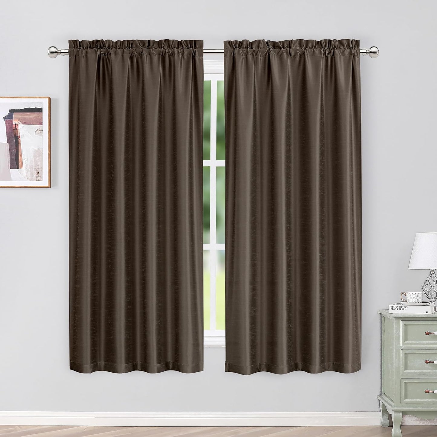 Chyhomenyc Uptown Sage Green Kitchen Curtains 45 Inch Length 2 Panels, Room Darkening Faux Silk Chic Fabric Short Window Curtains for Bedroom Living Room, Each 30Wx45L  Chyhomenyc Chocolate 2X40"Wx63"L 