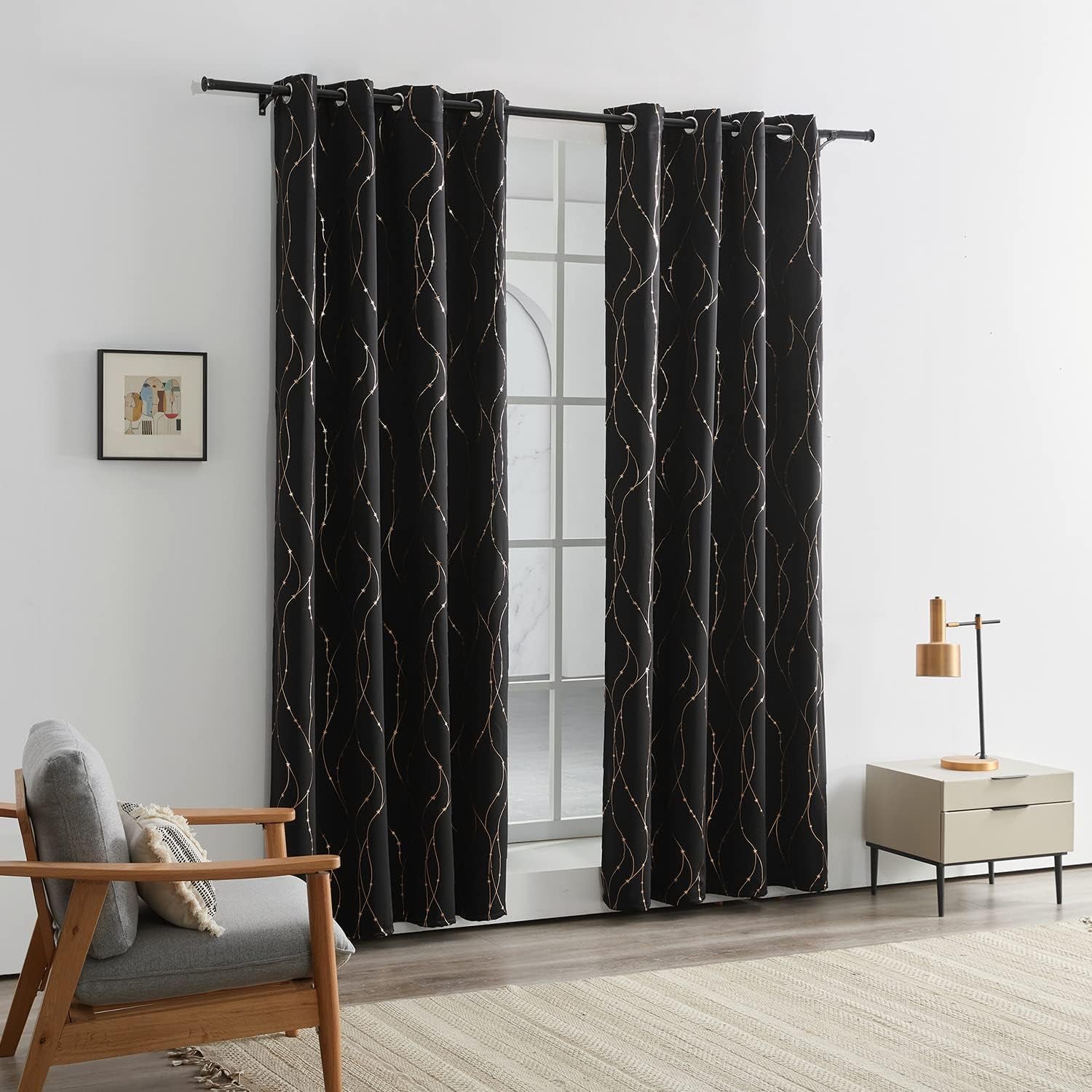 SMILE WEAVER Black Blackout Curtains for Bedroom 72 Inch Long 2 Panels,Room Darkening Curtain with Gold Print Design Noise Reducing Thermal Insulated Window Treatment Drapes for Living Room  SMILE WEAVER   