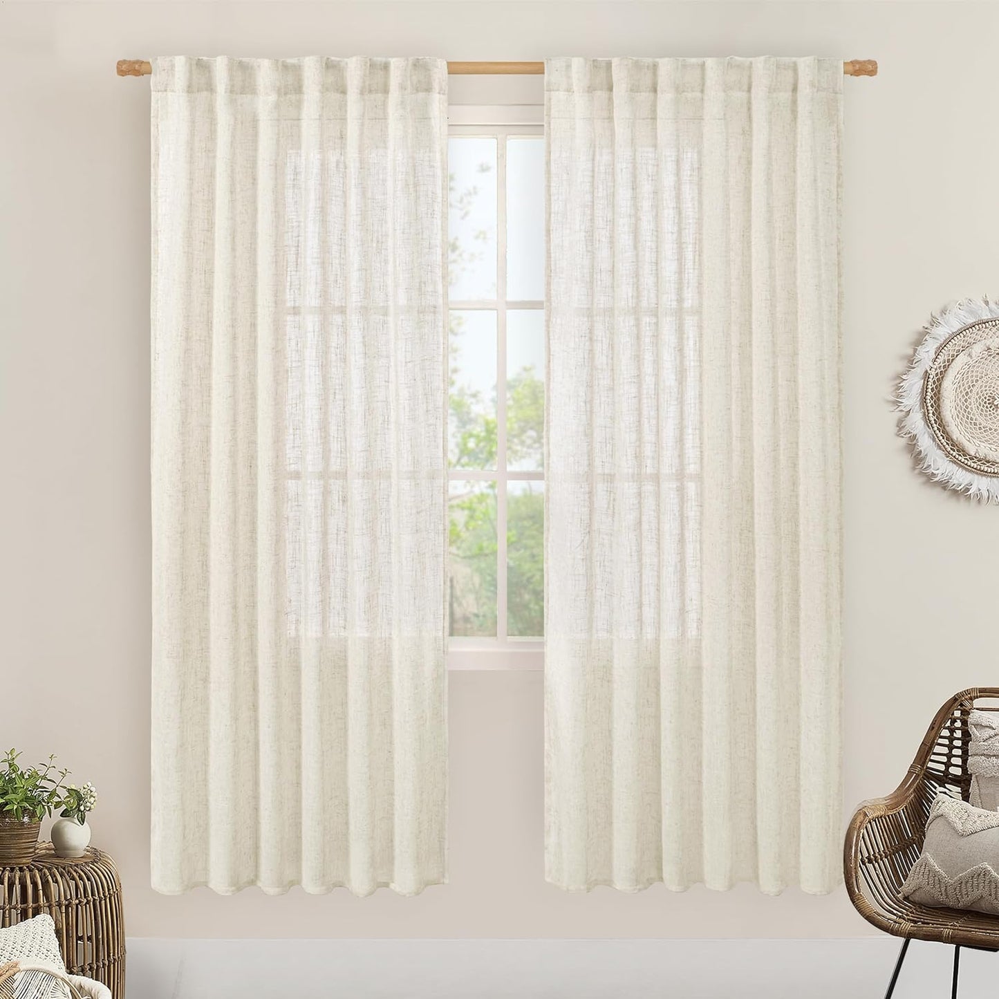 LAMIT Natural Linen Blended Curtains for Living Room, Back Tab and Rod Pocket Semi Sheer Curtains Light Filtering Country Rustic Drapes for Bedroom/Farmhouse, 2 Panels,52 X 108 Inch, Linen  LAMIT Natural 52W X 78L 