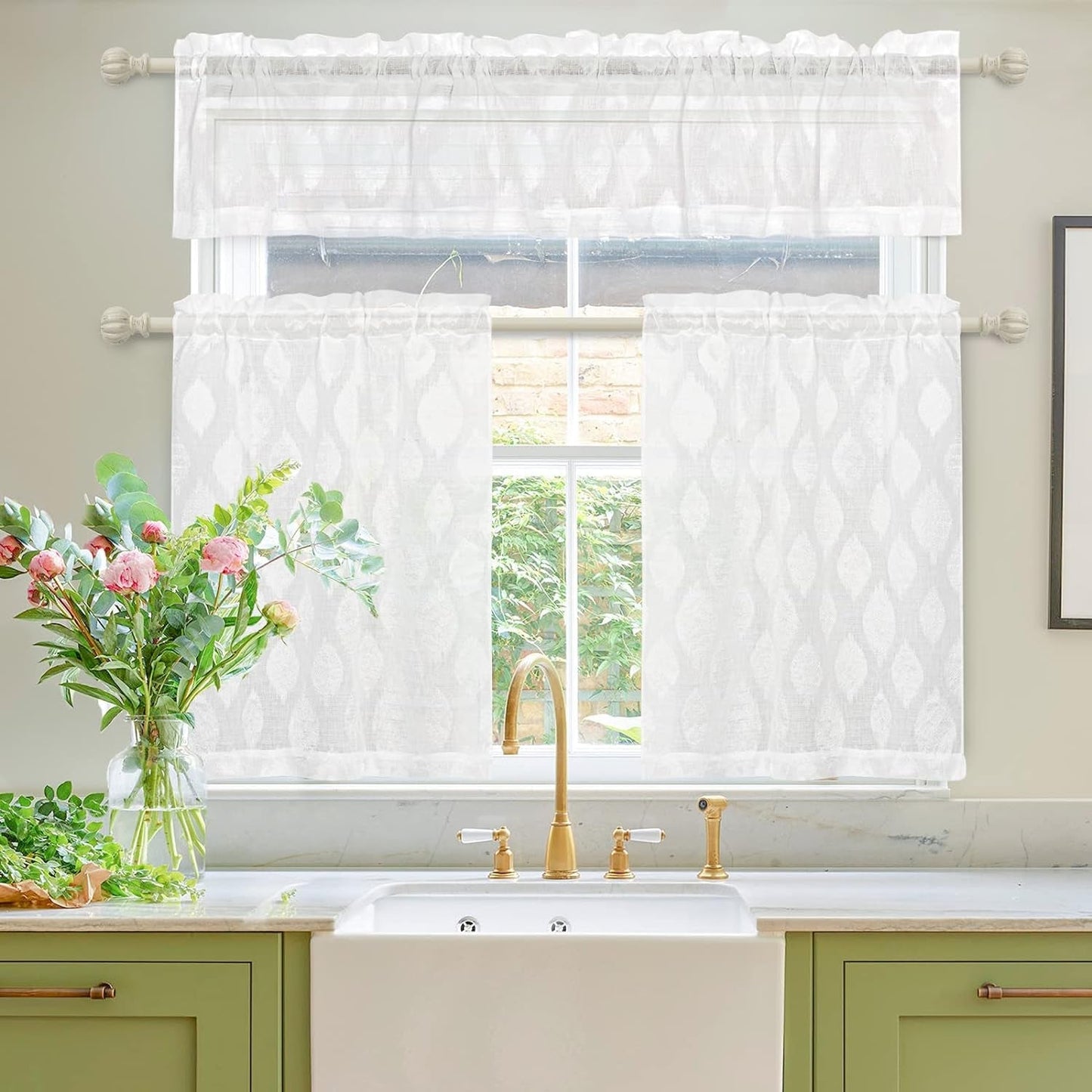 MYSKY HOME Semi-Sheer Kitchen Curtains Valance and Tiers Set Jacquard Rod Pocket Farmhouse Window Curtains White 24 Inch Length 3 Piece Set