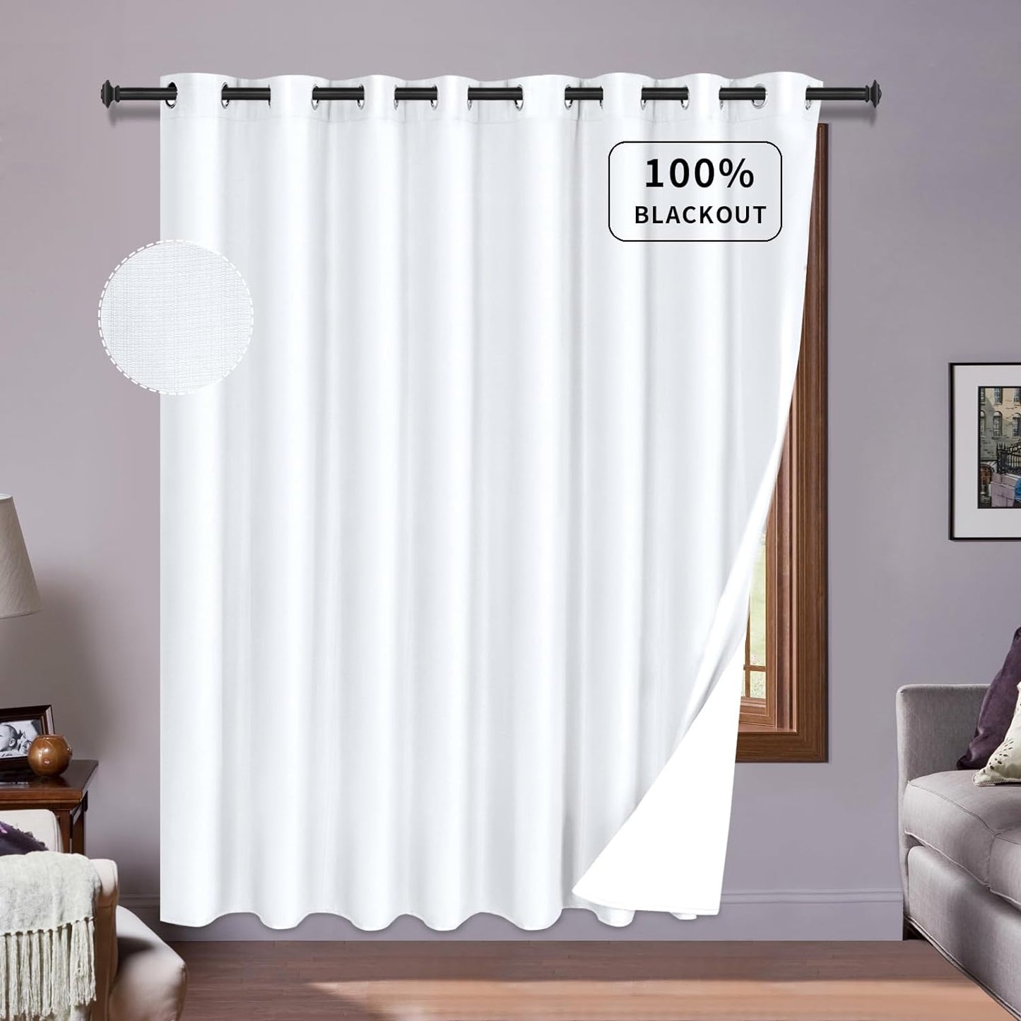 Purefit White Linen Blackout Curtains 84 Inches Long 100% Room Darkening Thermal Insulated Window Curtain Drapes for Bedroom Living Room Nursery with Anti-Rust Grommets & Energy Saving Liner, 2 Panels  PureFit White 100"W X 84"L 