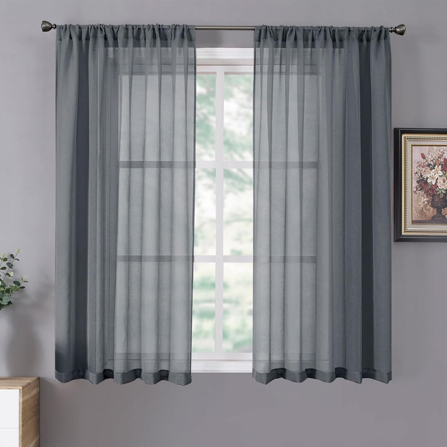 Tollpiz Short Sheer Curtains Linen Textured Bedroom Curtain Sheers Light Filtering Rod Pocket Voile Curtains for Living Room, 54 X 45 Inches Long, White, Set of 2 Panels  Tollpiz Tex Dark Grey 42"W X 54"L 