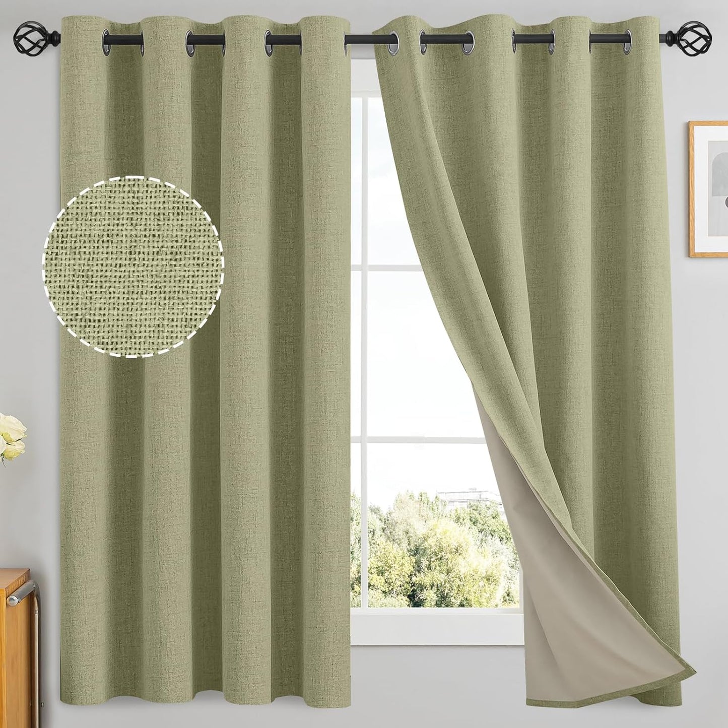 Yakamok Natural Linen Curtains 100% Blackout 84 Inches Long,Room Darkening Textured Curtains for Living Room Thermal Grommet Bedroom Curtains 2 Panels with Greyish White Liner  Yakamok Sage Green 52W X 63L / 2 Panels 