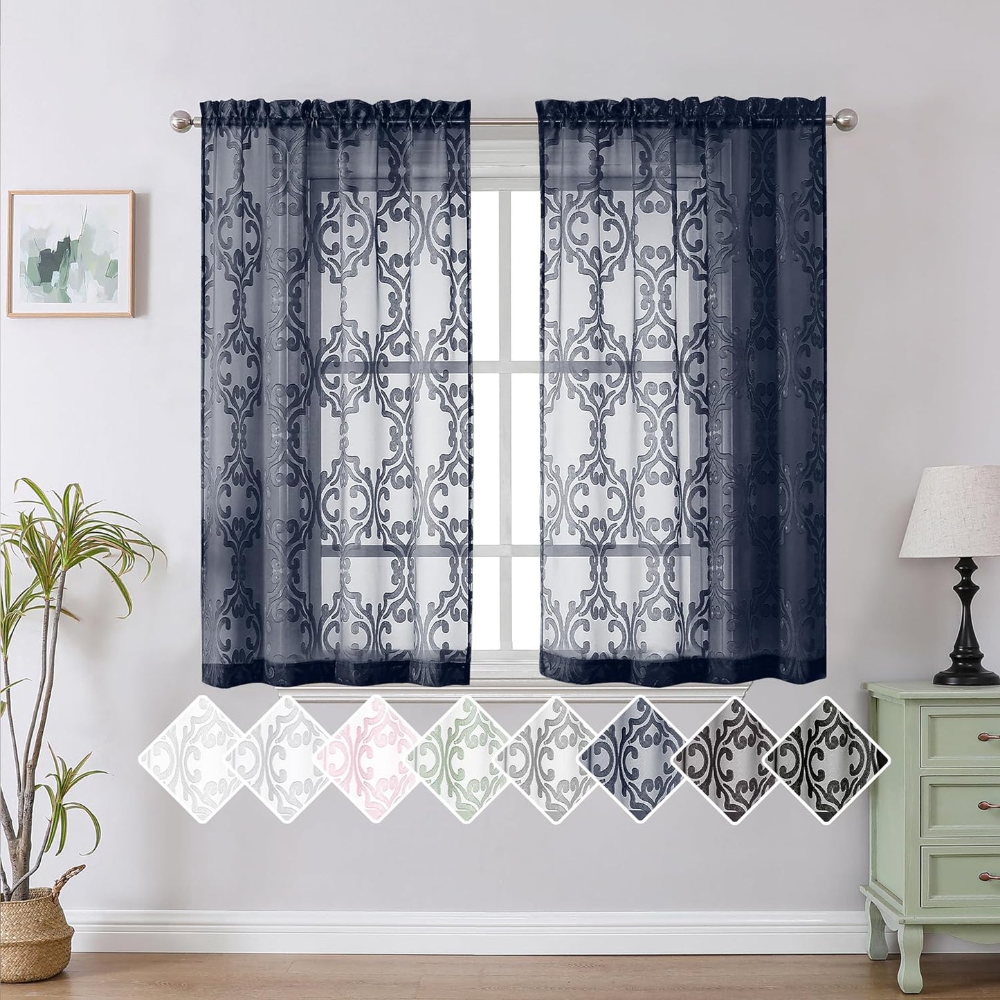 Aiyufeng Suri 2 Panels Sheer Sage Green Curtains 63 Inches Long, Light & Airy Privacy Textured Sheer Drapes, Dual Rod Pocket Voile Clipped Floral Luxury Panels for Bedroom Living Room, 42 X 63 Inch  Aiyufeng Navy Blue 2X42X45" 