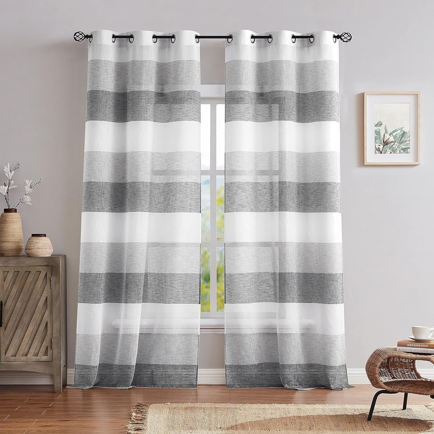 Central Park Gray Tan Stripe Sheer Color Block Window Curtain Panel Linen Window Treatment for Bedroom Living Room Farmhouse 84 Inches Long with Grommets, 2 Panel Rustic Drapes  Central Park Gray/Charcoal 40"X63"X2 