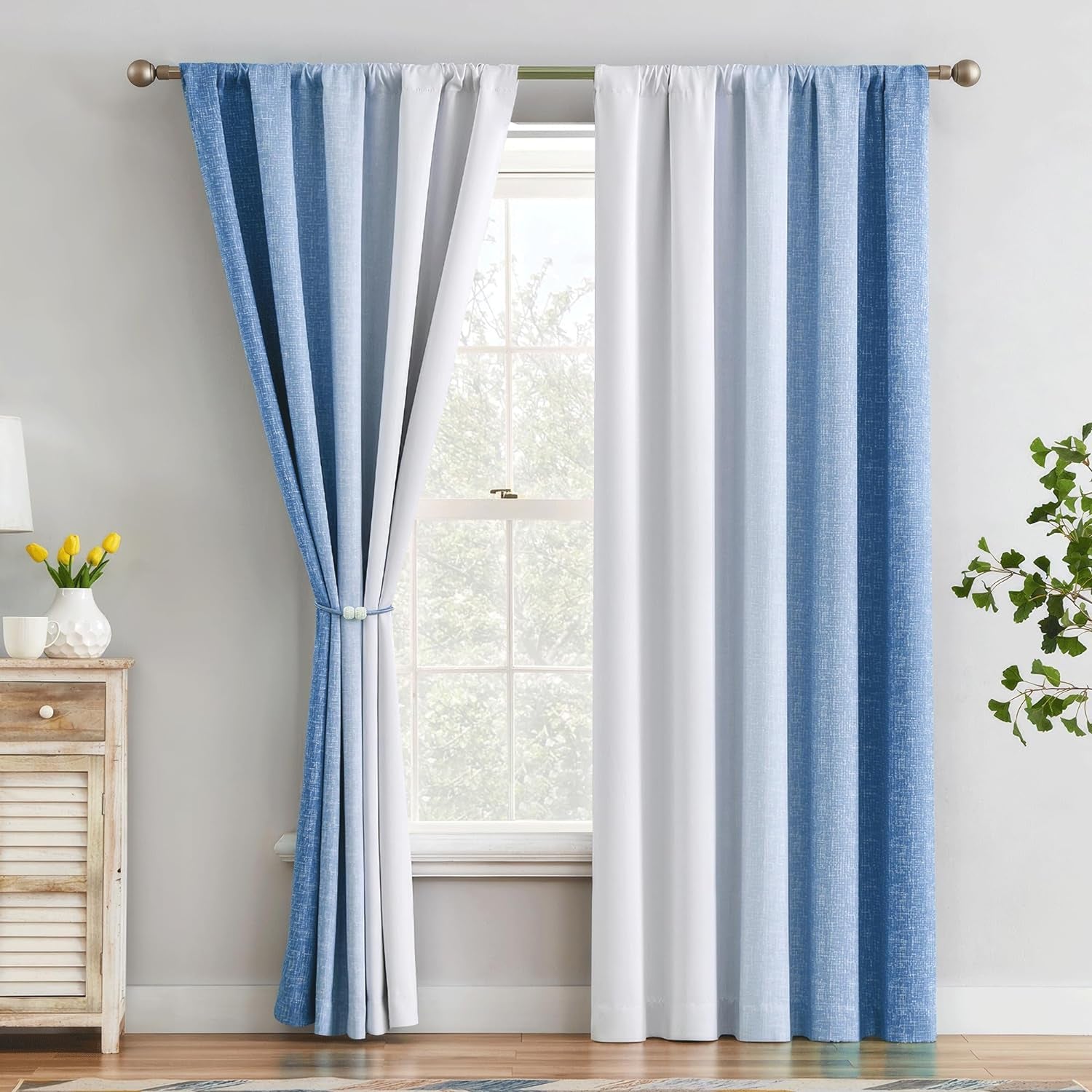Geomoroccan Ombre 100% Blackout Curtains 84 Inches Long, Pink and White 2 Tone Reversible Window Treatments for Bedroom Living Room, Linen Gradient Print Rod Pocket Drapes 52" W 2 Panel Sets  Geomoroccan Blue 52"X95"X2 