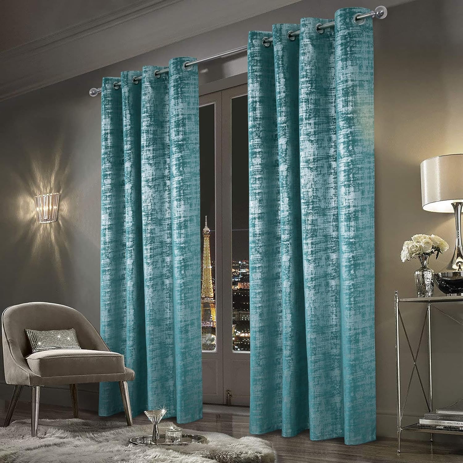 Always4U Soft Velvet Curtains 95 Inch Length Luxury Bedroom Curtains Gold Foil Print Window Curtains for Living Room 1 Panel White  always4u Teal (Silver Print) 2 Panels: 52''W*95''L 