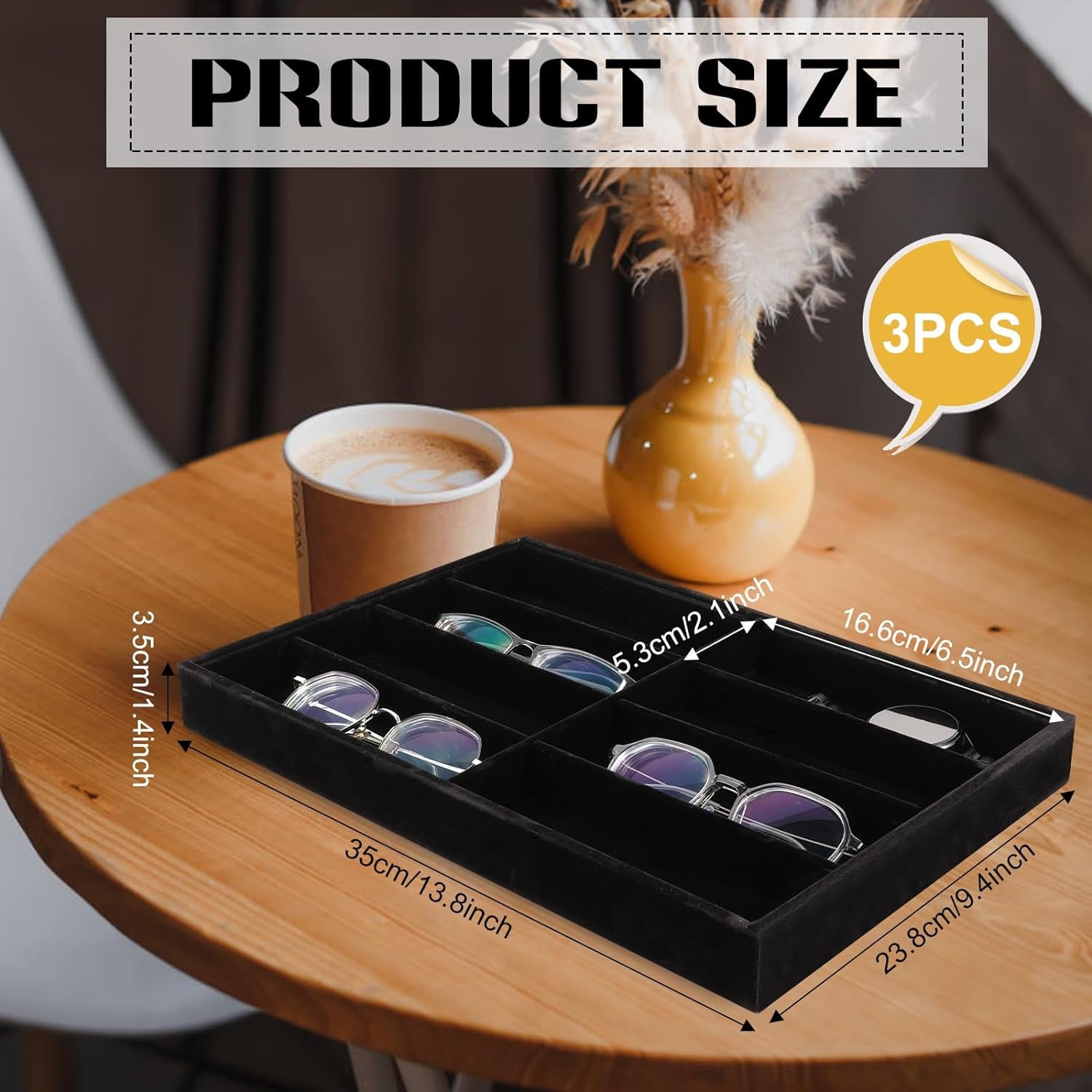 3 Pcs Velvet Sunglass Organizer Trays Stackable Glasses Organizer Tray with 8 Grids and Removable Internal Dividers for Eyewear Watch Jewrly Showcase Display Storage Home Use & Trade Show (Black)