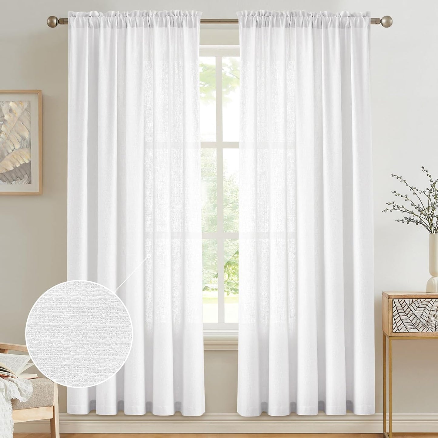Anpark White Semi Sheer Curtains Linen Rod Pocket Curtains Tiebacks Included Semi Sheers, Privacy & Serenity for Bedroom, Soft Light for Relaxation - 52" W X 84" L, 2 Panels  Anpark White 52X84 Inch 