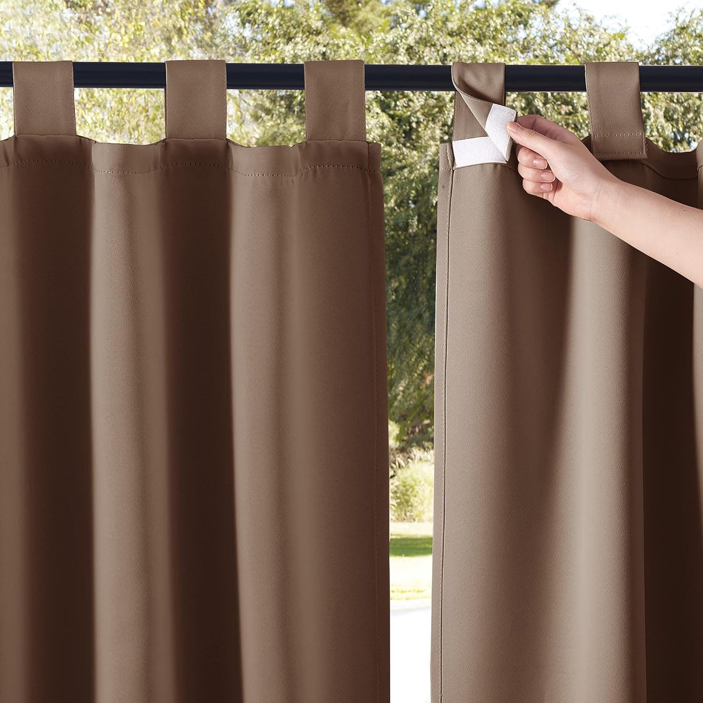 NICETOWN 2 Panels Outdoor Patio Curtainss Waterproof Room Darkening Drapes, Detachable Sticky Tab Top Thermal Insulated Privacy Outdoor Dividers for Porch/Doorway, Biscotti Beige, W52 X L84  NICETOWN Tan W84 X L95 