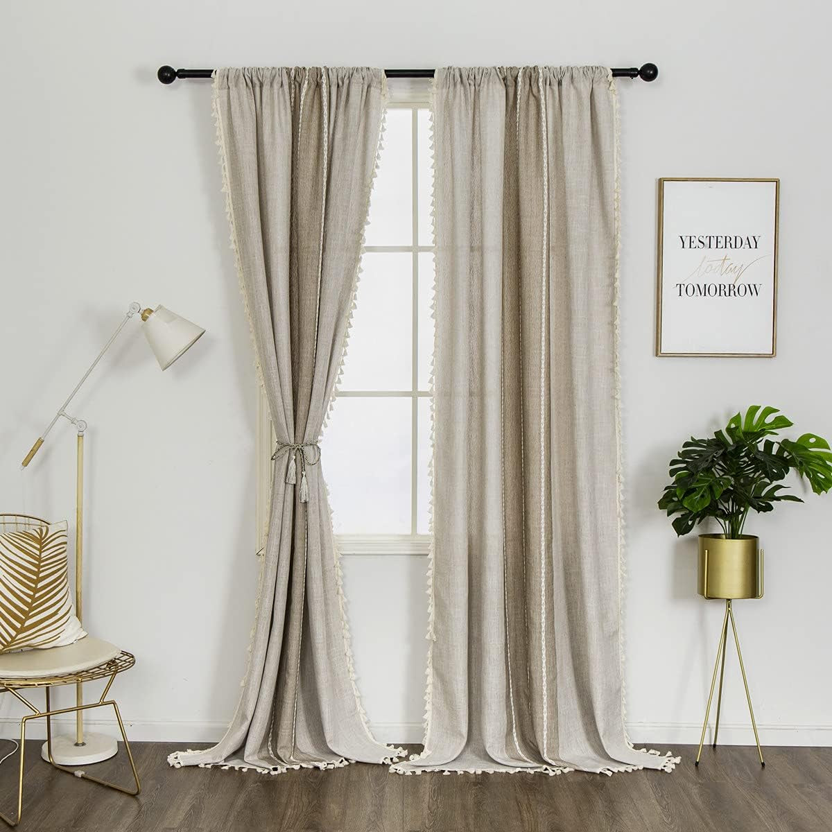 Amidoudou 1 Pair Cotton Linen Boho Curtains with Tassel, Farmhouse Curtains for Bedroom Living Room (Beige and Coffee, 2 X 54 X 96 Inch)  Amidoudou   