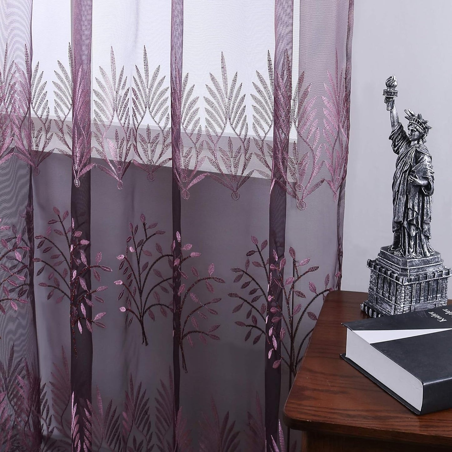 DONREN Tree Branch Printed Embroidery Sheer Curtains for Bedroom - Luxury Plum Purple Embroidery Sheer Curtain Panels for Living Room (W 52 X L 84 Inch,2 Panels)  DONREN   