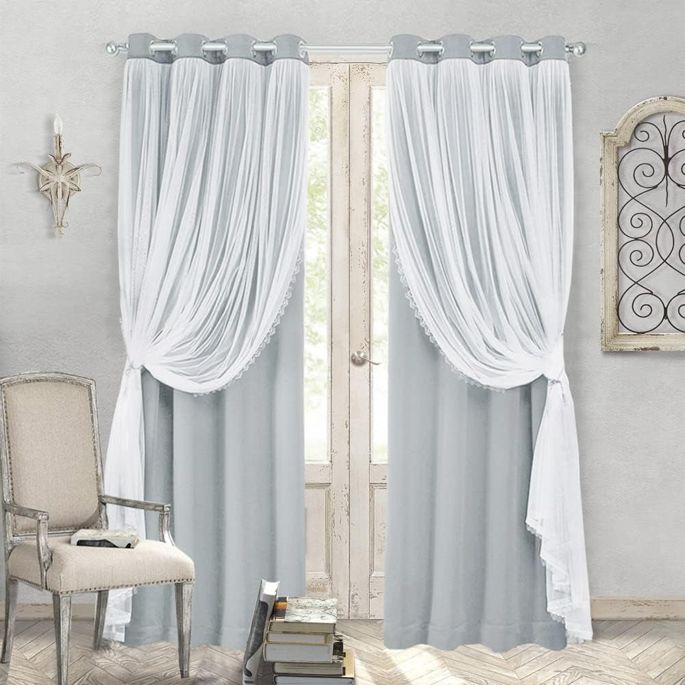 Pink Blackout Curtains 84 Inch Length - Double Layers Princess Girls Curtains & Draperies Panels for Kids Bedroom Living Room Nursery Pink Lace Hem Room Darkening Curtains, 2 Pcs  SOFJAGETQ Light Grey 52 X 96 