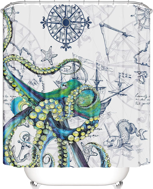 Domoku Octopus Shower Curtain for Bathroom, 3D Ocean Nautical ​Kraken Fabric Shower Curtain Decorative, with 12 Hooks Waterproof Washable 72 X 72 Inches