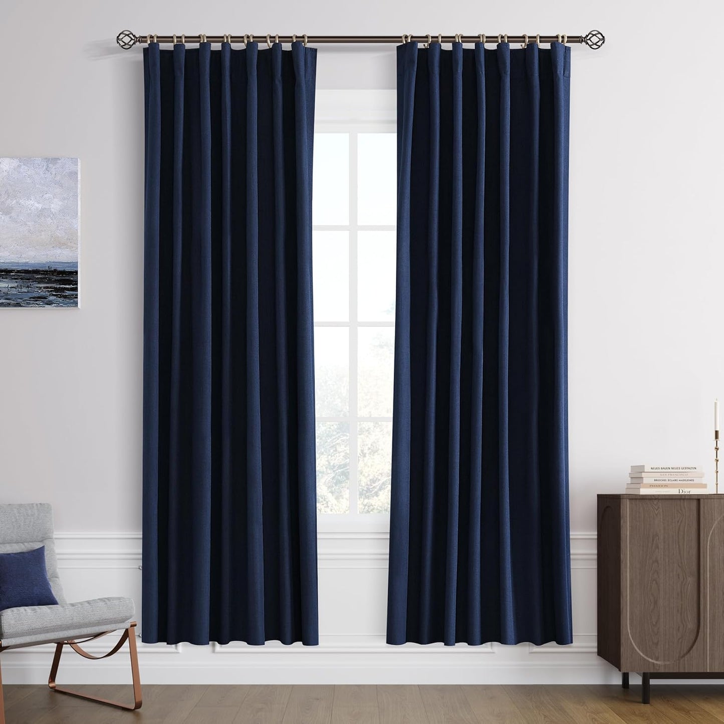 Joywell 100% Blackout Linen Curtains 102 Inches Long, Rod Pocket/Back Tab/Hook Belt/Clip Rings, Thermal Insulated Floor Length Drapes for Bedroom Dining Living Room(2 Panels,W52 X L102,Linen)  Joywell Navy Blue 52W X 78L Inch X 2 Panels 
