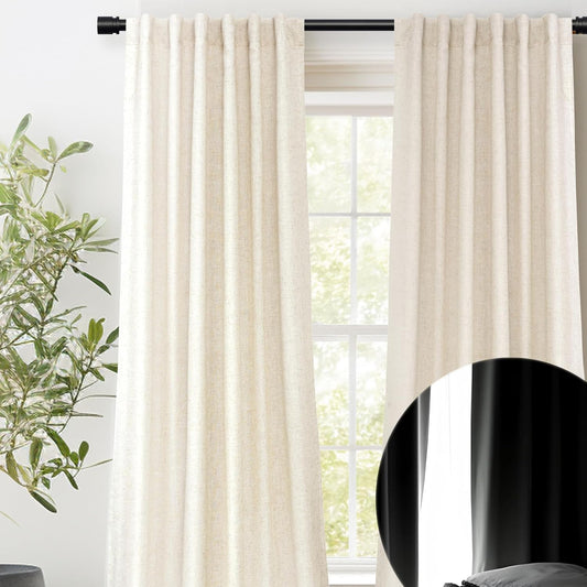 Driftaway 100% Blackout Natural Linen Curtains for Bedroom 96 Inches Long Double Layer Drape Farmhouse Thermal Insulated 3 Inch Rod Pocket Back Tab Full Light Blocking 2 Panels for Living Room Nursery  DriftAway Light Linen 52"X96" 