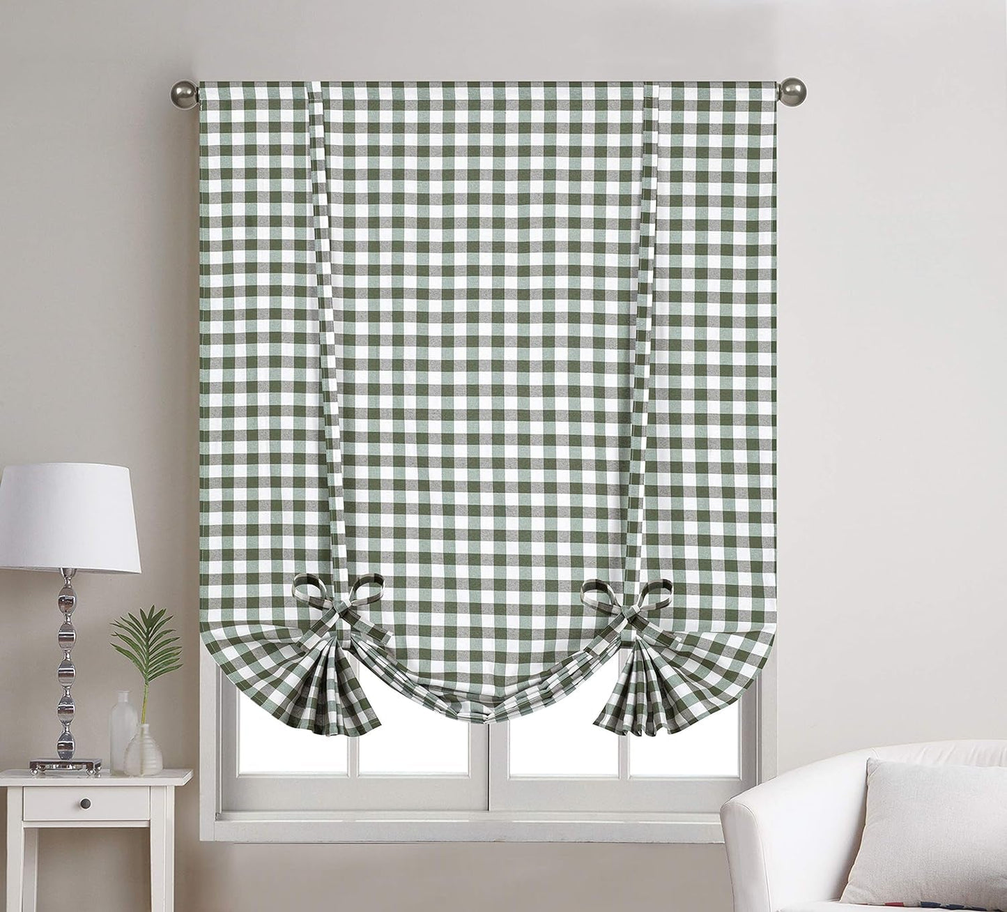 1 Piece Buffalo Check Plaid Gingham Rod Pocket Window Tie up Shade Curtain Panel (42" X 63", Taupe/Beige)