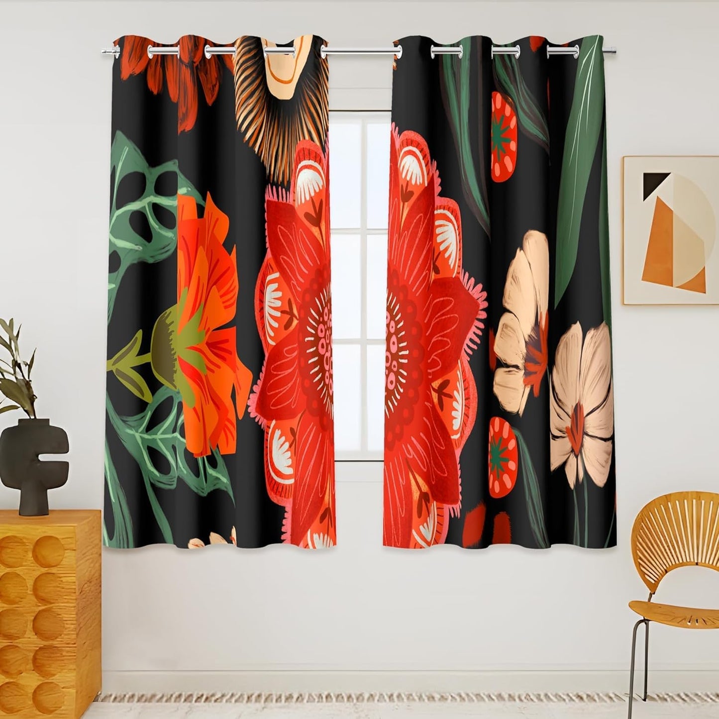 Boho Floral 100% Blackout Curtains for Living Room 96 Inch Long 2 Panels Mid Century Botanical Black Out Curtains for Bedroom Grommet Thermal Insulated Room Darkening Window Drapes,52Wx96L  Tyrot Black Boho Floral Print 52W X 45L Inch X 2 Panels 