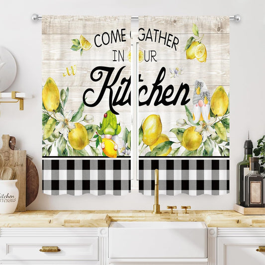 MESHELLY Farmhouse Lemon Kitchen Curtains 27.5Wx39H Inch Rod Pocket Rustic Wooden Gnome Buffalo Plaid Bedroom Window Drapes Country Yellow Fruit Printed Living Room Window Treatment Fabric 2 Panels