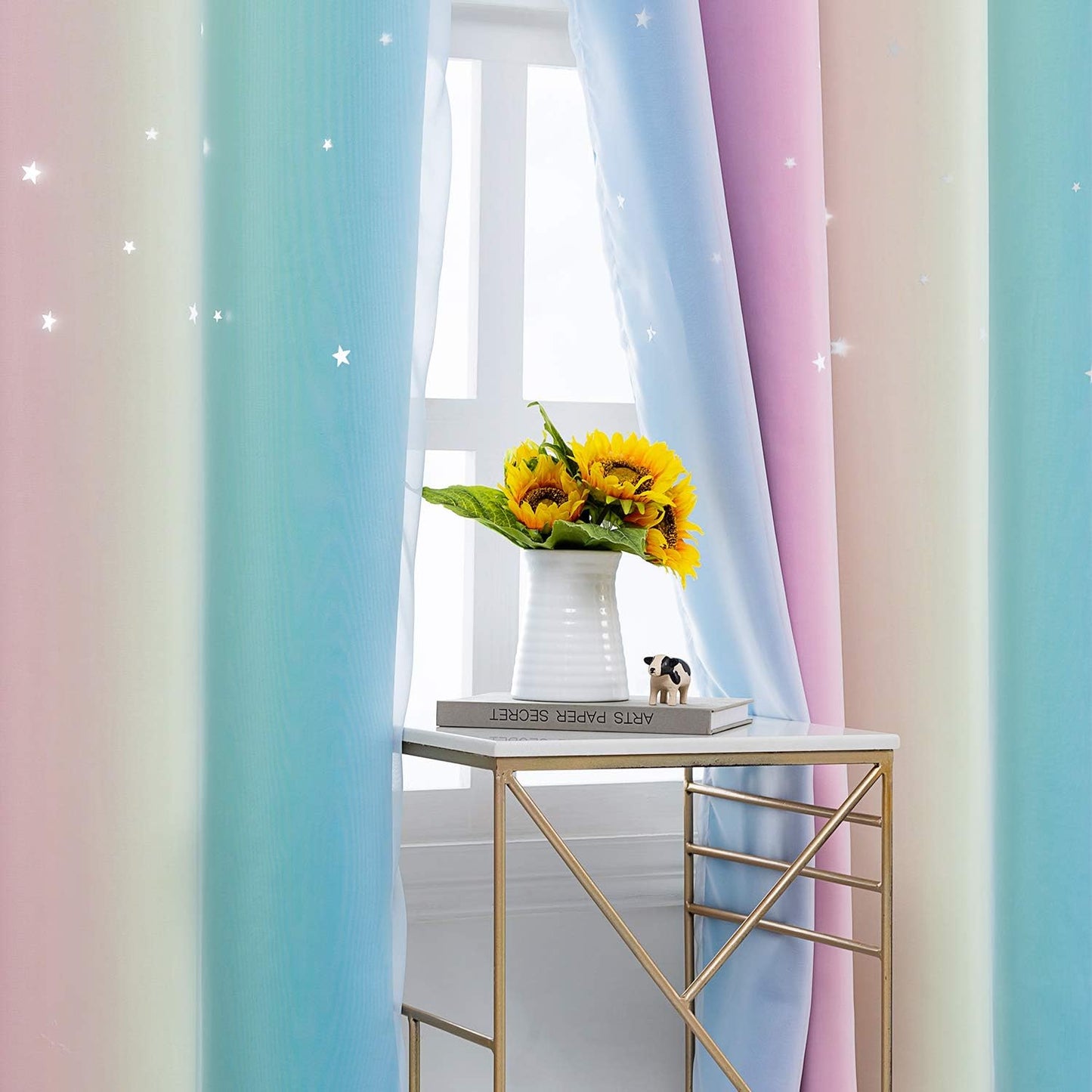 Anjee Rainbow Curtains for Girls Bedroom Double Layer Blackout Curtains Grommets Top Star Cutout Ombre Window Drapes with Sheer for Living Room 2 Panels in 52 X 84 Inch Length, Pink and Yellow  Anjee   