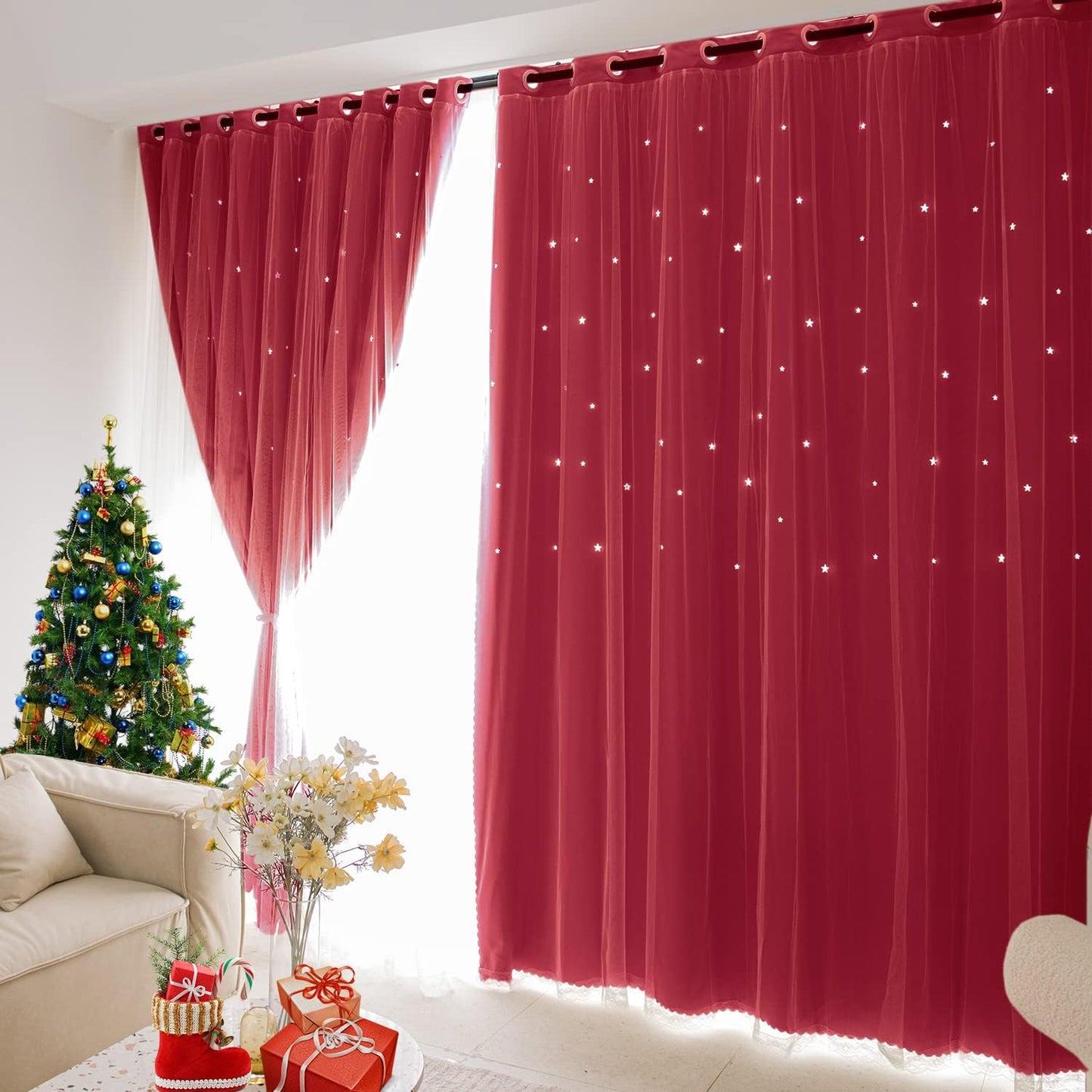 UNISTAR 2 Panels Stars Blackout Curtains for Bedroom Girls Kids Baby Window Decoration Double Layer Star Cut Out Aesthetic Living Room Decor Wall Home Curtain,W52 X L63 Inches,Pink  UNISTAR 2Panels 丨Double-Layer,Red 63.00" X 52.00" 