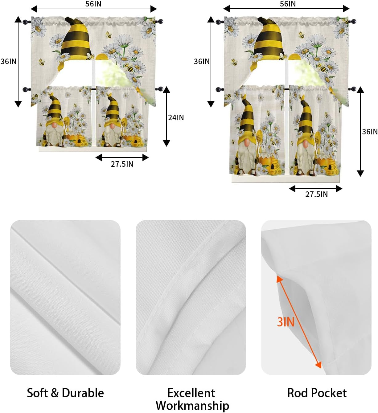 Cute Gnomes Honey Swag Kitchen Curtain Sets with Valance,3 Pieces Rod Pocket Curtain Drapes for Bedroom Bathroom Cafe Windows,Spring Honey Summer Bee Comb Daisy Floral 56''X36''&36''X27.5''X2Panels