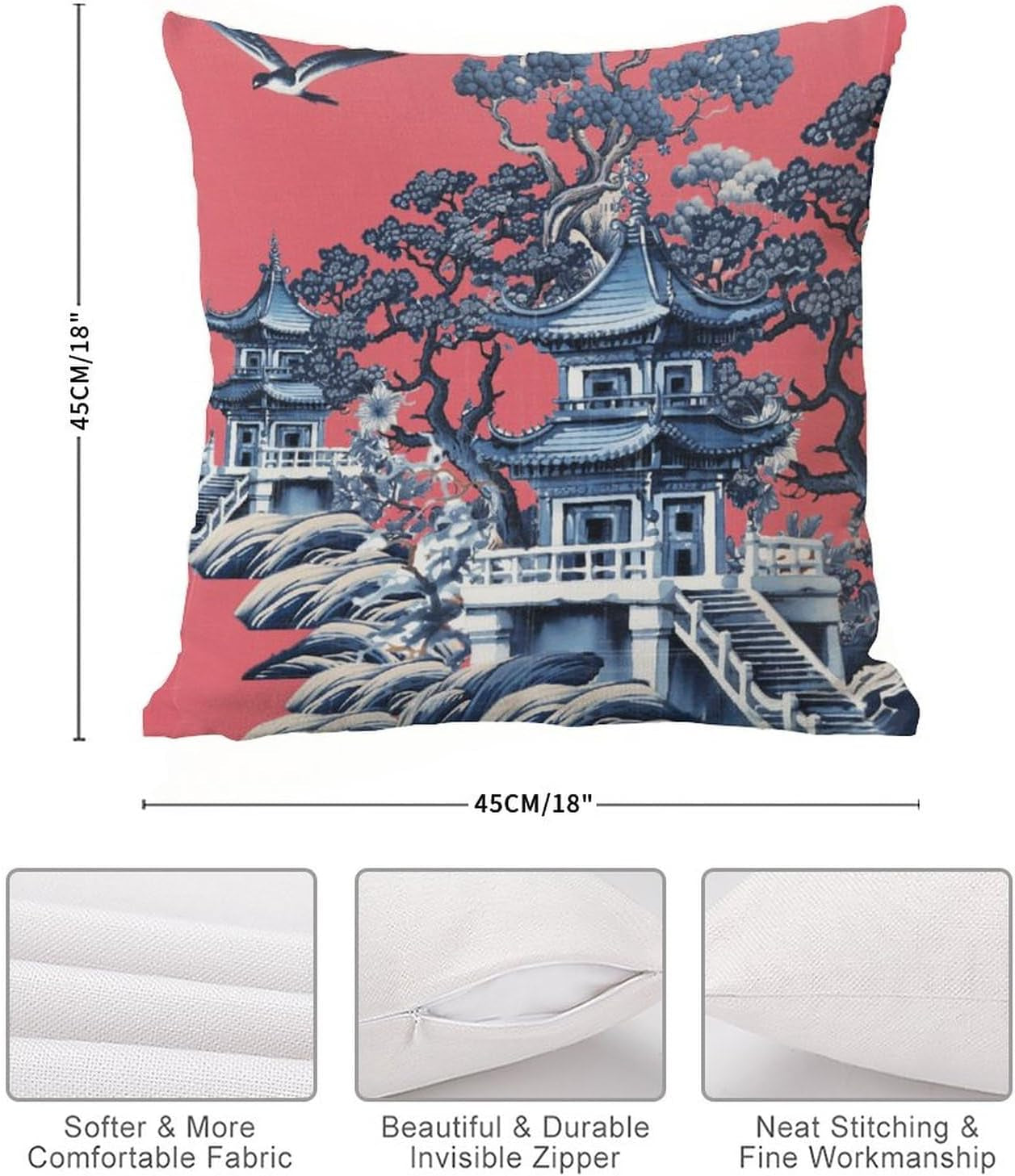 Decorative Pillow Cover Pink Blue Chinoiserie Pillow Square Made to Order Pillow Cover 18X18 Throw Pillow Toss Pillow Pagoda Cushion Cover