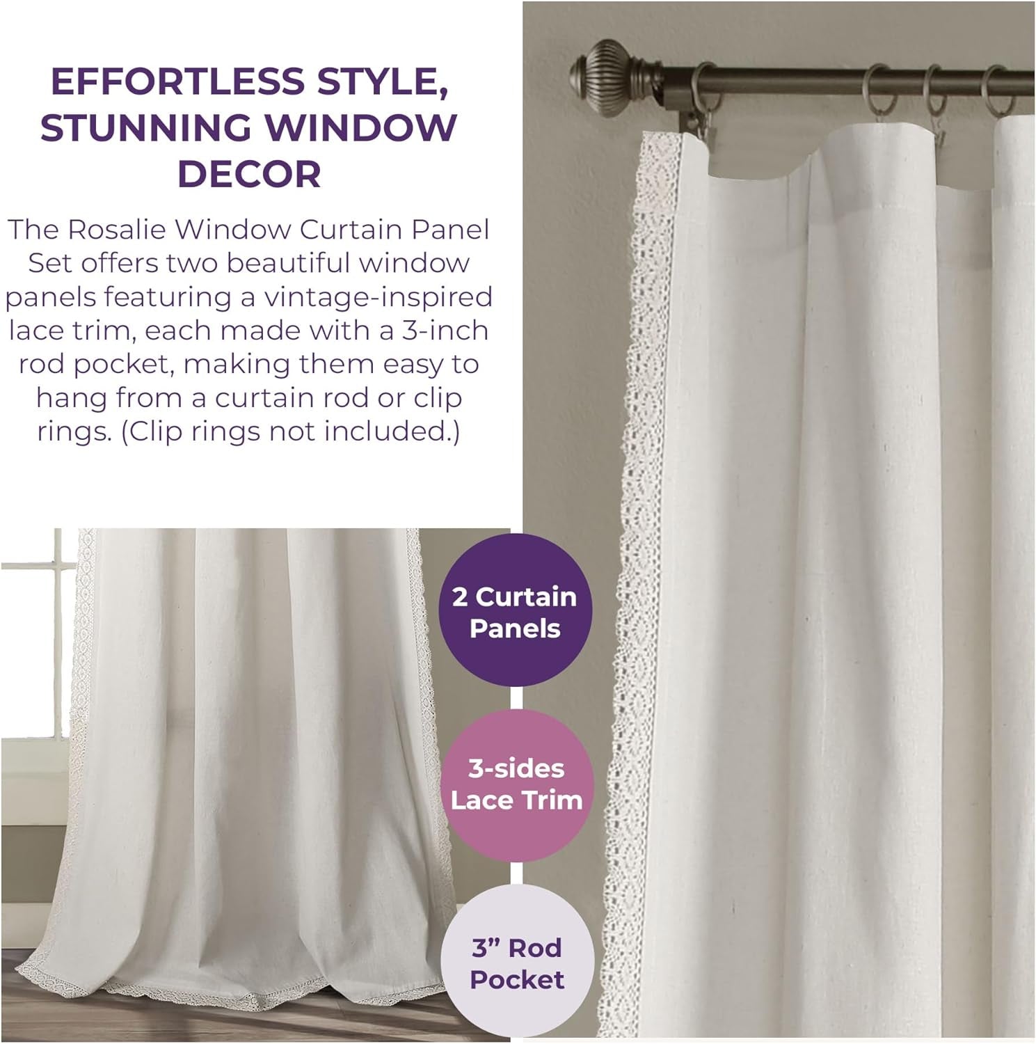 Lush Decor Rosalie Light Filtering Window Curtain Panel Set- Pair- Vintage Farmhouse & French Country Style Curtains - Timeless Dreamy Drape - Romantic Lace Trim - 54" W X 84" L, White  Triangle Home Fashions   