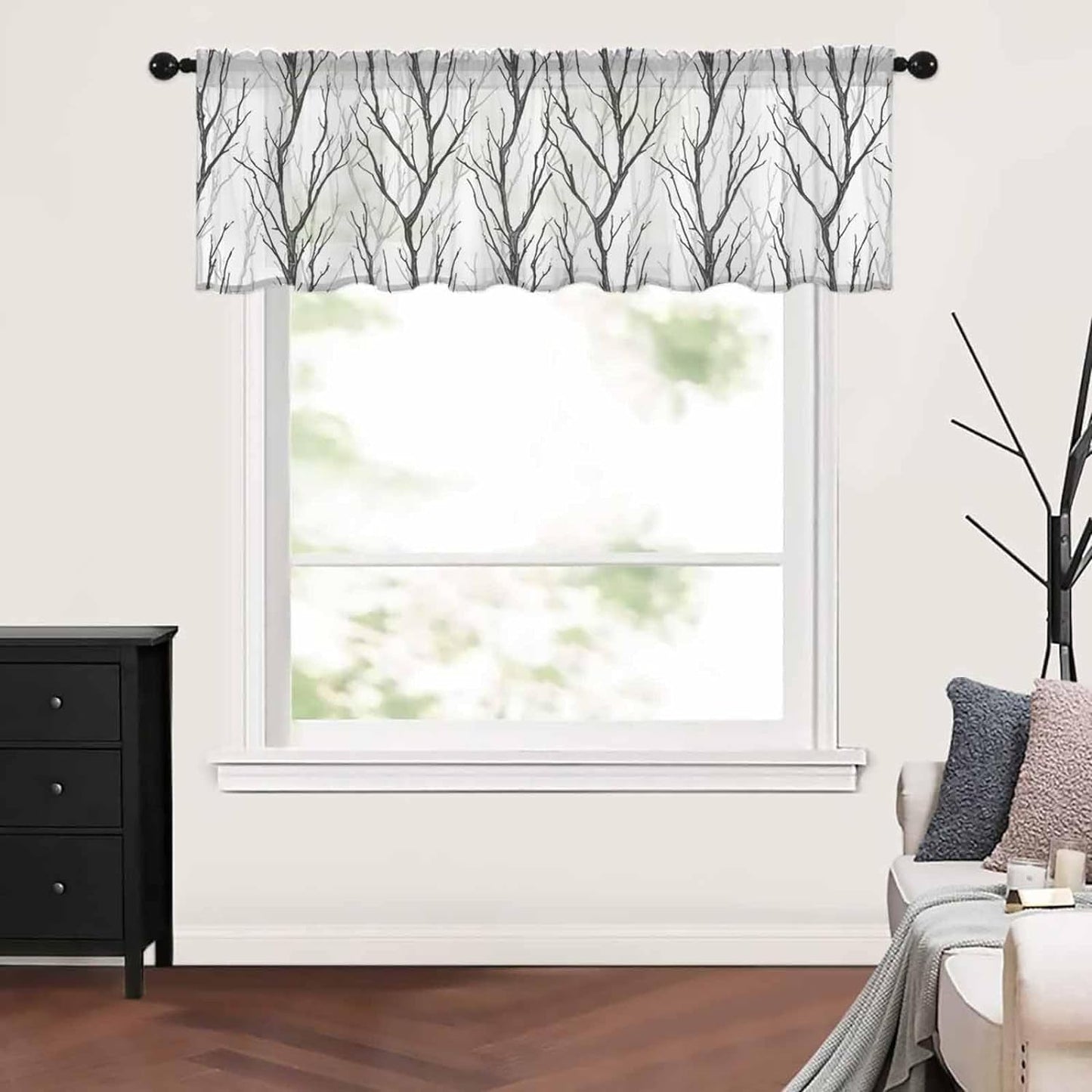 Abstract Contemporary Branch Valance Curtains for Kitchen/Living Room/Bathroom/Bedroom Window,Rod Pocket Small Topper Half Short Window Curtains Voile Sheer Scarf, Black Tree Minimalist White 60"X18"