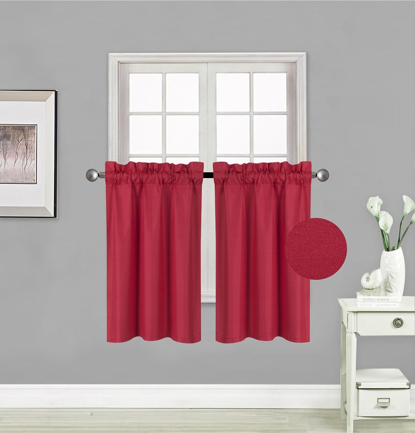 Elegant Home 2 Short Panels Tiers Small Window Treatment Curtain Blackout 28" W X 36" L Each for Kitchen Bathroom # R5  Elegant Home Decor Red  