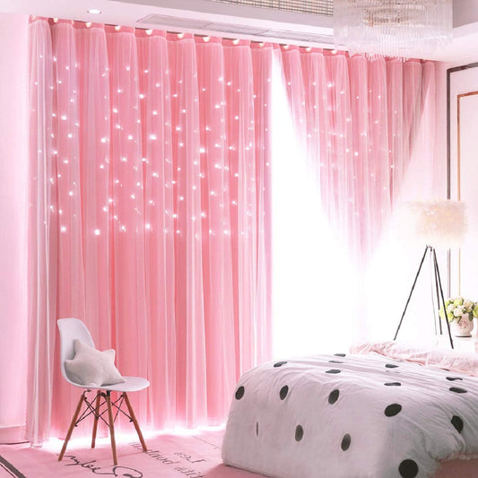 UNISTAR 2 Panels Stars Blackout Curtains for Bedroom Girls Kids Baby Window Decoration Double Layer Star Cut Out Aesthetic Living Room Decor Wall Home Curtain,W52 X L63 Inches,Pink  UNISTAR 2Panels丨Double-Layer,Pink 63.00" X 52.00" 
