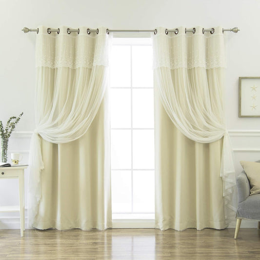 Best Home Fashion Tulle Sheer with Attached Valance & Solid Blackout Mix & Match - Beige - 52" W X 96" L
