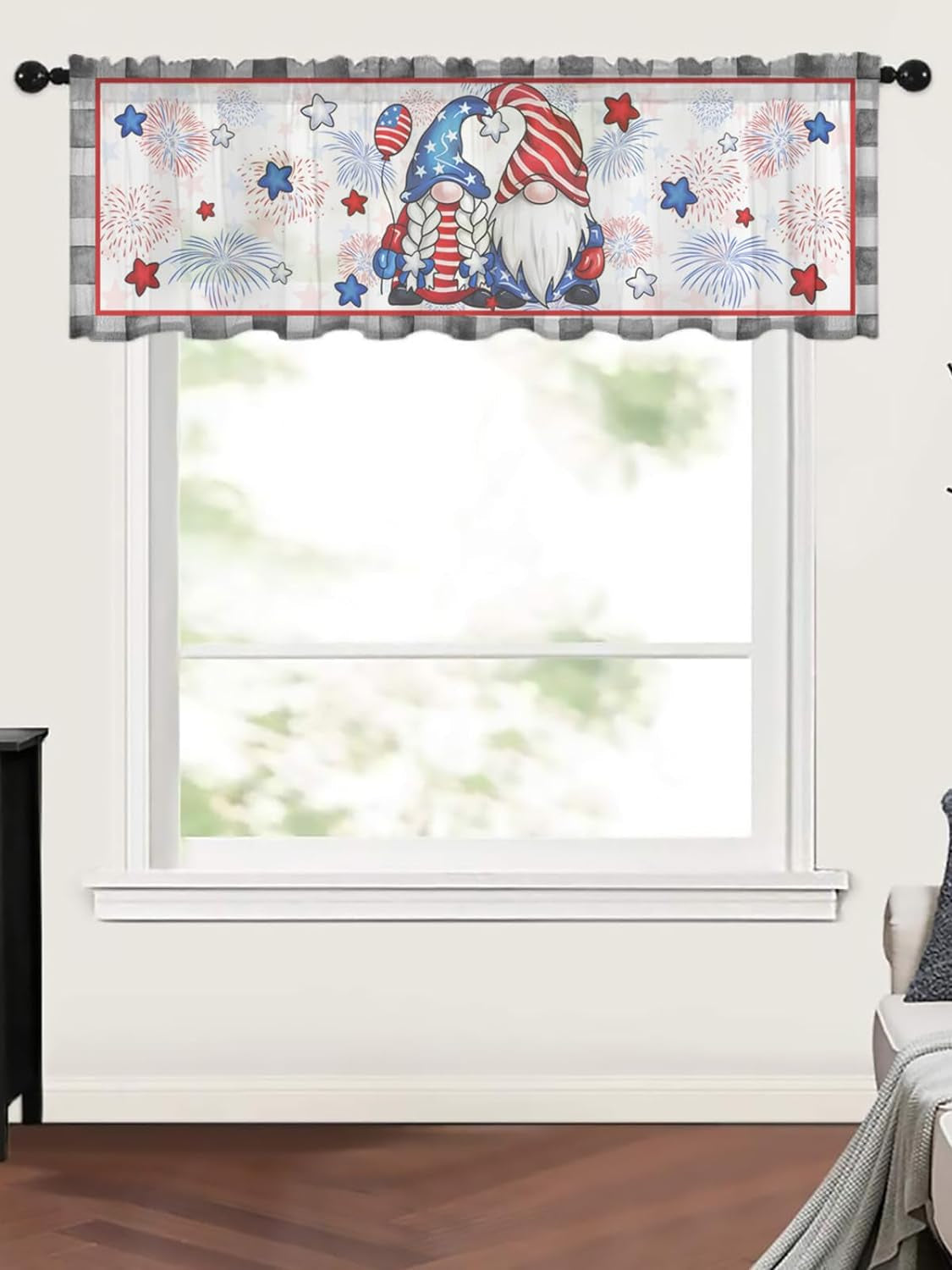4Th of July Valance Curtains for Kitchen/Living Room/Bathroom/Bedroom Window,Rod Pocket Small Topper Half Short Window Curtains Voile Sheer Scarf, Star Gnomes American Memorial Patriotic Day 54"X18"