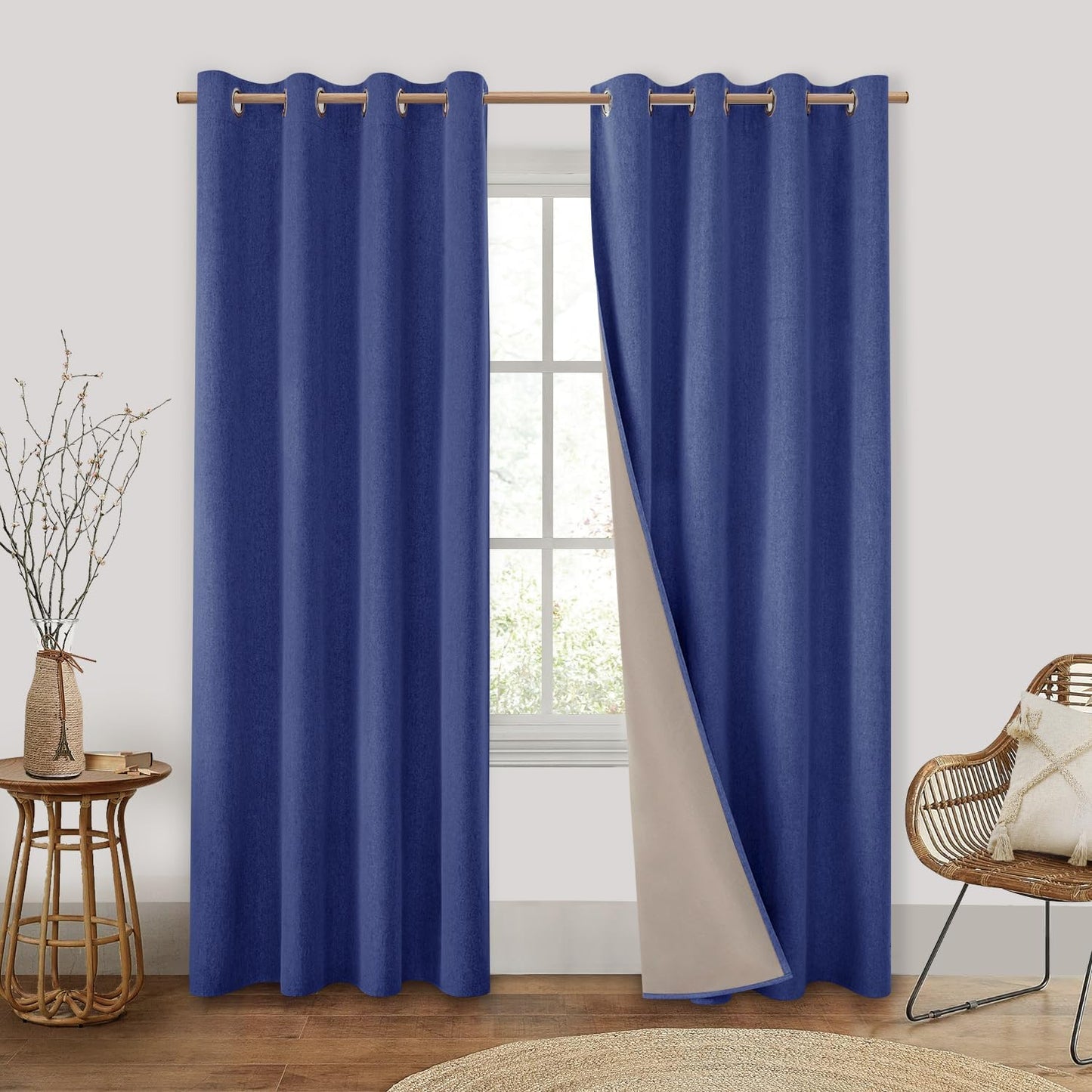 HOMEIDEAS 100% Blackout Linen Curtains for Bedroom 84 Inches Long 2 Panels Blush Pink Curtains Full Black Out Thermal Insulated Grommet Window Curtains/Drapes with Liner for Nursery  HOMEIDEAS Royal Blue 52"W X 84"L 