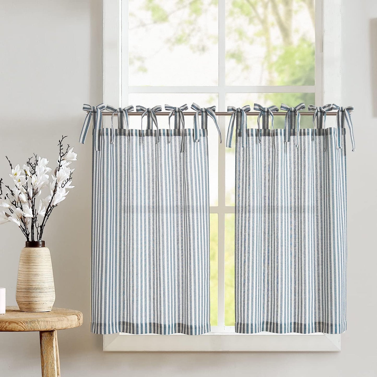 Jinchan Kitchen Curtains Striped Tier Curtains Ticking Stripe Linen Curtains Pinstripe Cafe Curtains 24 Inch Length for Living Room Bathroom Farmhouse Curtains Rod Pocket 2 Panels Black on Beige  CKNY HOME FASHION Tie Top Striped Blue W26 X L24 