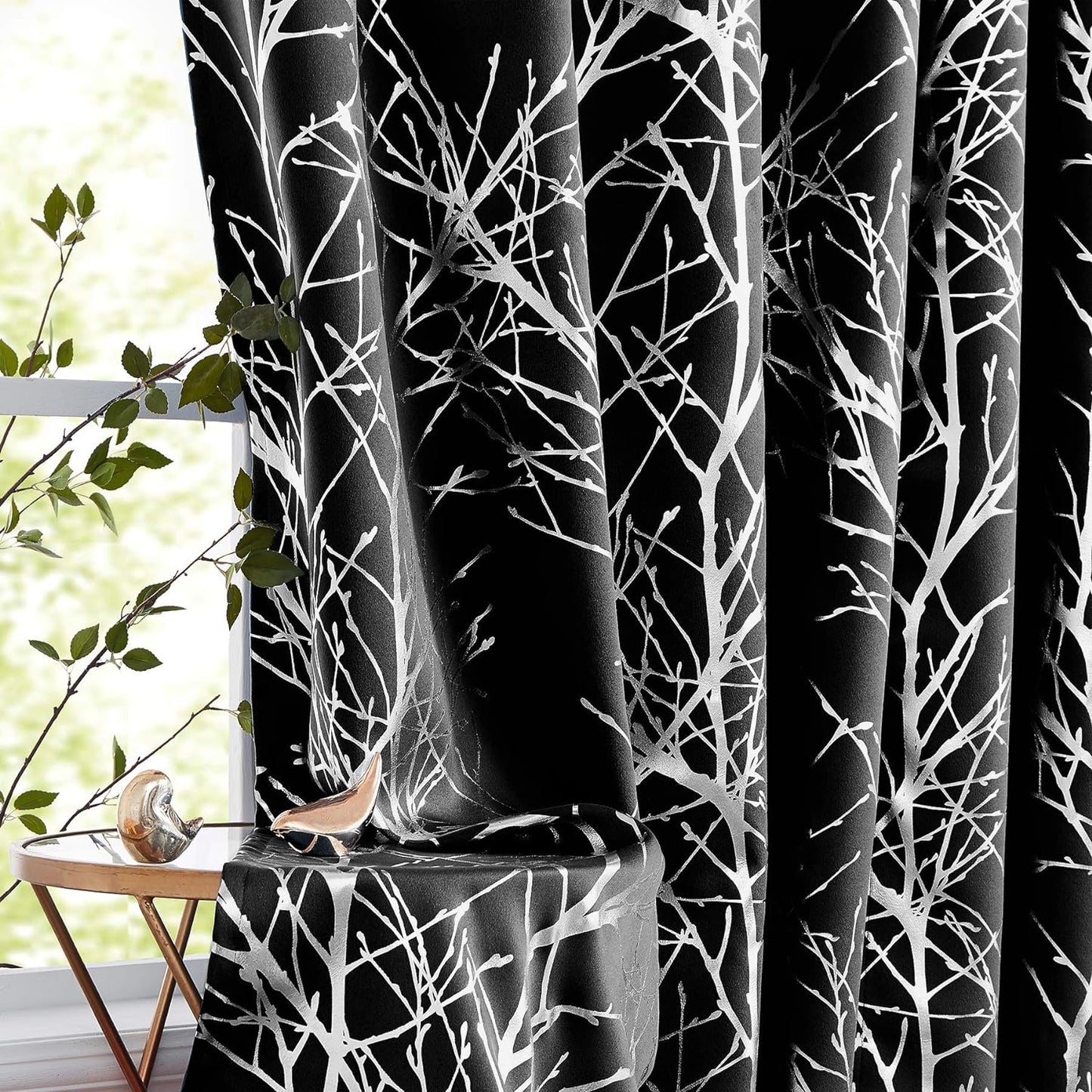 FMFUNCTEX Metallic Tree Blackout Curtains Bedroom Grey 84-Inch Living-Room Branch Print Curtain Panels Forest Triple Weave Thermal Insulated Drapes for Windows Dorm Hotel Grommet Top, 2Panels  Fmfunctex Silver /Black 50"W X 84"L 2Pcs 