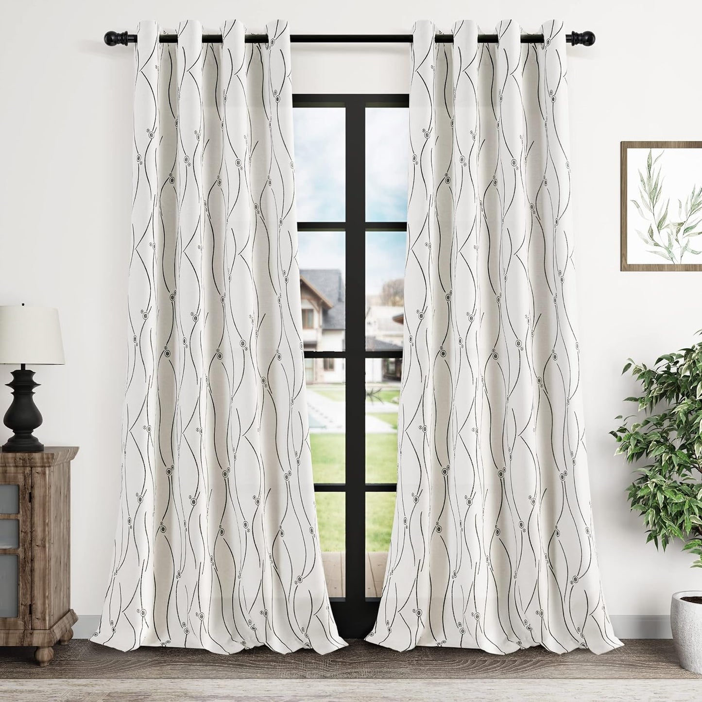 Linen Textured Curtains 84 Inches Long for Living Room Embroidered Room Darkening Window Curtains for Bedroom Neutral Cream Modern Farmhouse Curtain Beige Grommet Draperies Black Patterned Jacquard  Nanspring   