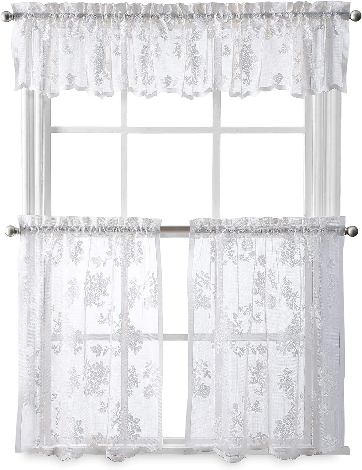 Curtainworks Sibella Lace Kitchen Curtain Window, Rod Pocket, 14 in Valance, White