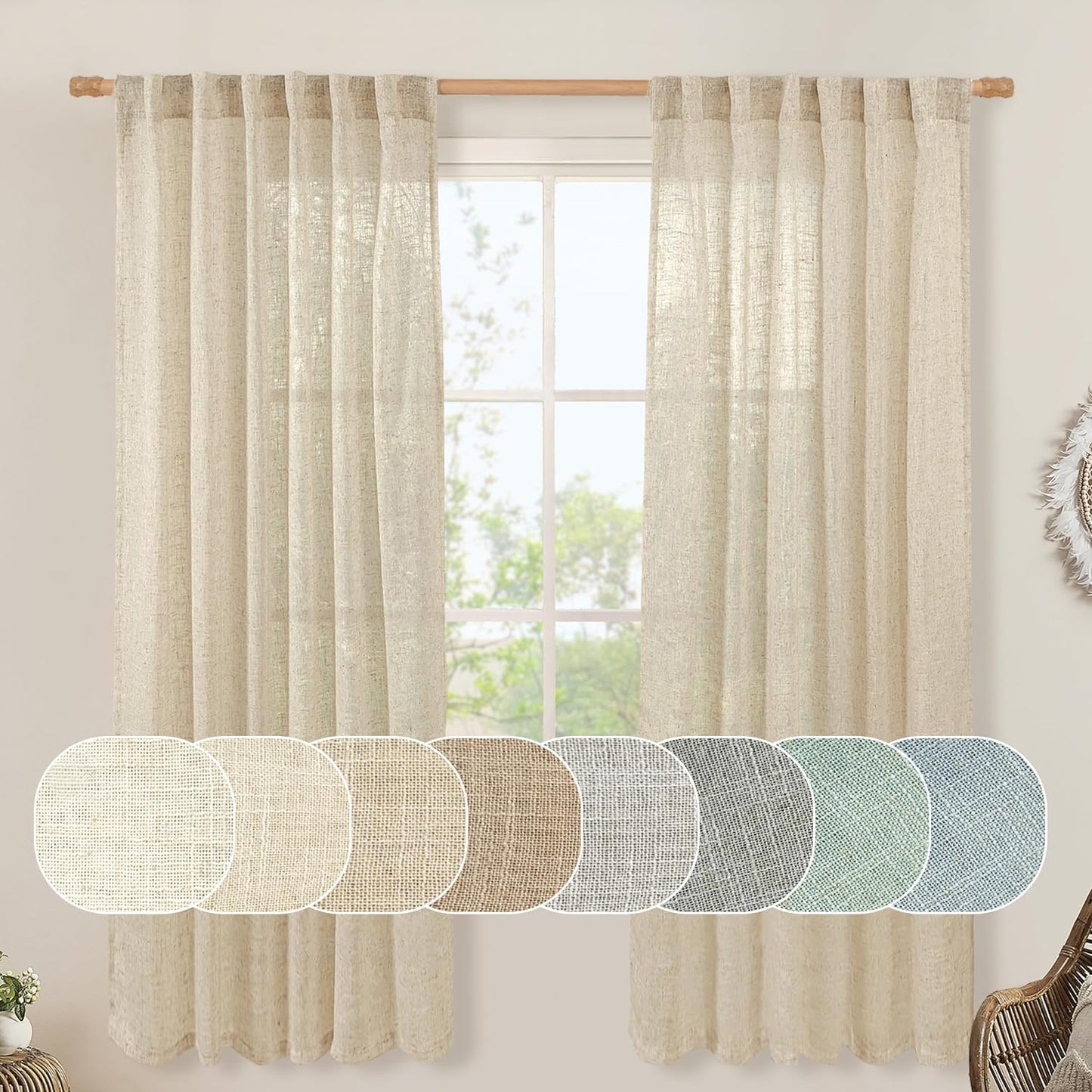 LAMIT Natural Linen Blended Curtains for Living Room, Back Tab and Rod Pocket Semi Sheer Curtains Light Filtering Country Rustic Drapes for Bedroom/Farmhouse, 2 Panels,52 X 108 Inch, Linen  LAMIT Linen 52W X 72L 
