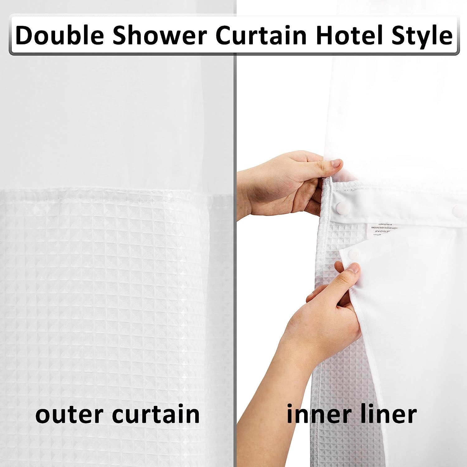 ALYVIA SPRING Waffle Weave Shower Curtain with Snap-In Fabric Liner & Hooks Set: Hotel Style & Top Sheer Window, Double Layers & Machine Washable for Easy Clean, 71X72, White