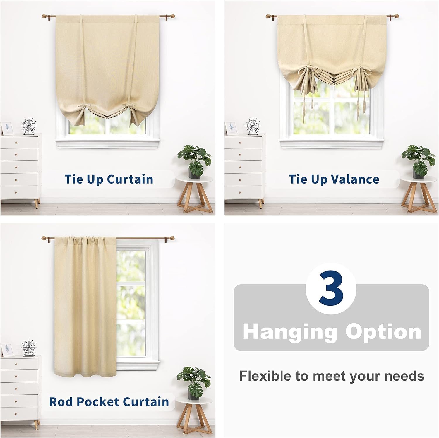 Driftaway Faux Linen Textured Solid Color Blackout Tie up Curtain for Kitchen Decorative Adjustable Balloon Rod Pocket Window Linen Curtains for Small Window 39 Inch by 55 Inch Beige