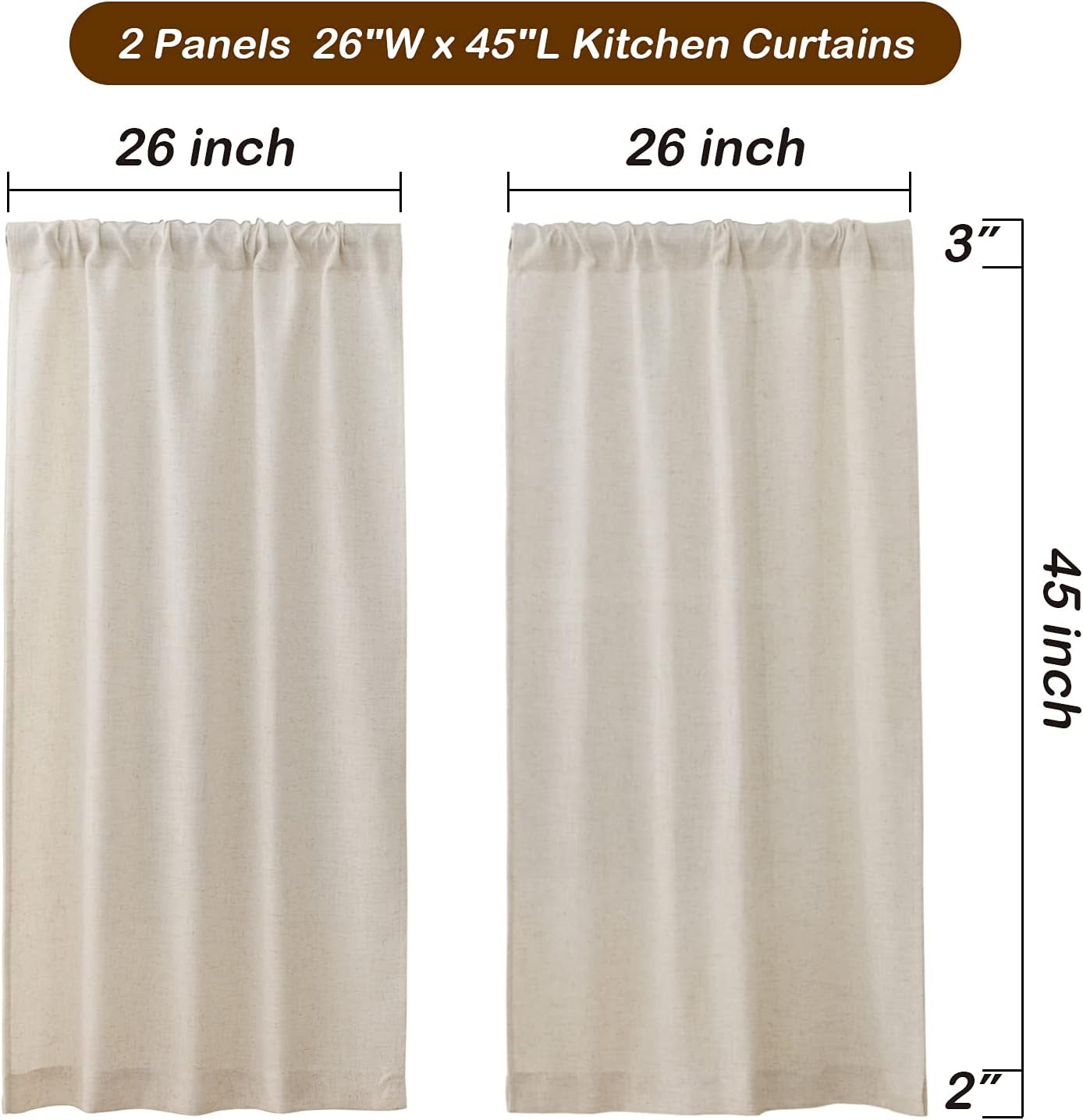 Valea Home Linen Kitchen Curtains 45 Inch Length Rustic Farmhouse Crude Short Cafe Curtains Rod Pocket Tiers for Small Window Bathroom Basement, Natural, 2 Panels  Valea Home   