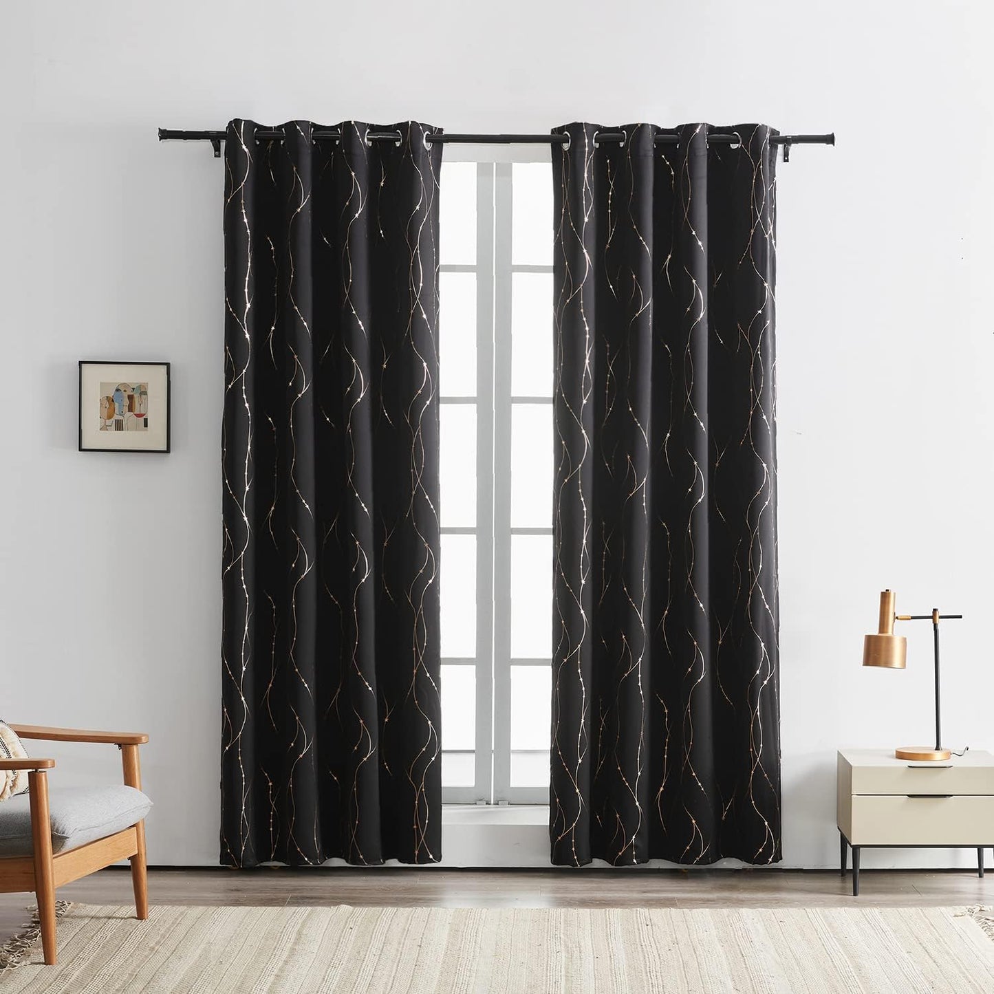 SMILE WEAVER Black Blackout Curtains for Bedroom 72 Inch Long 2 Panels,Room Darkening Curtain with Gold Print Design Noise Reducing Thermal Insulated Window Treatment Drapes for Living Room  SMILE WEAVER   