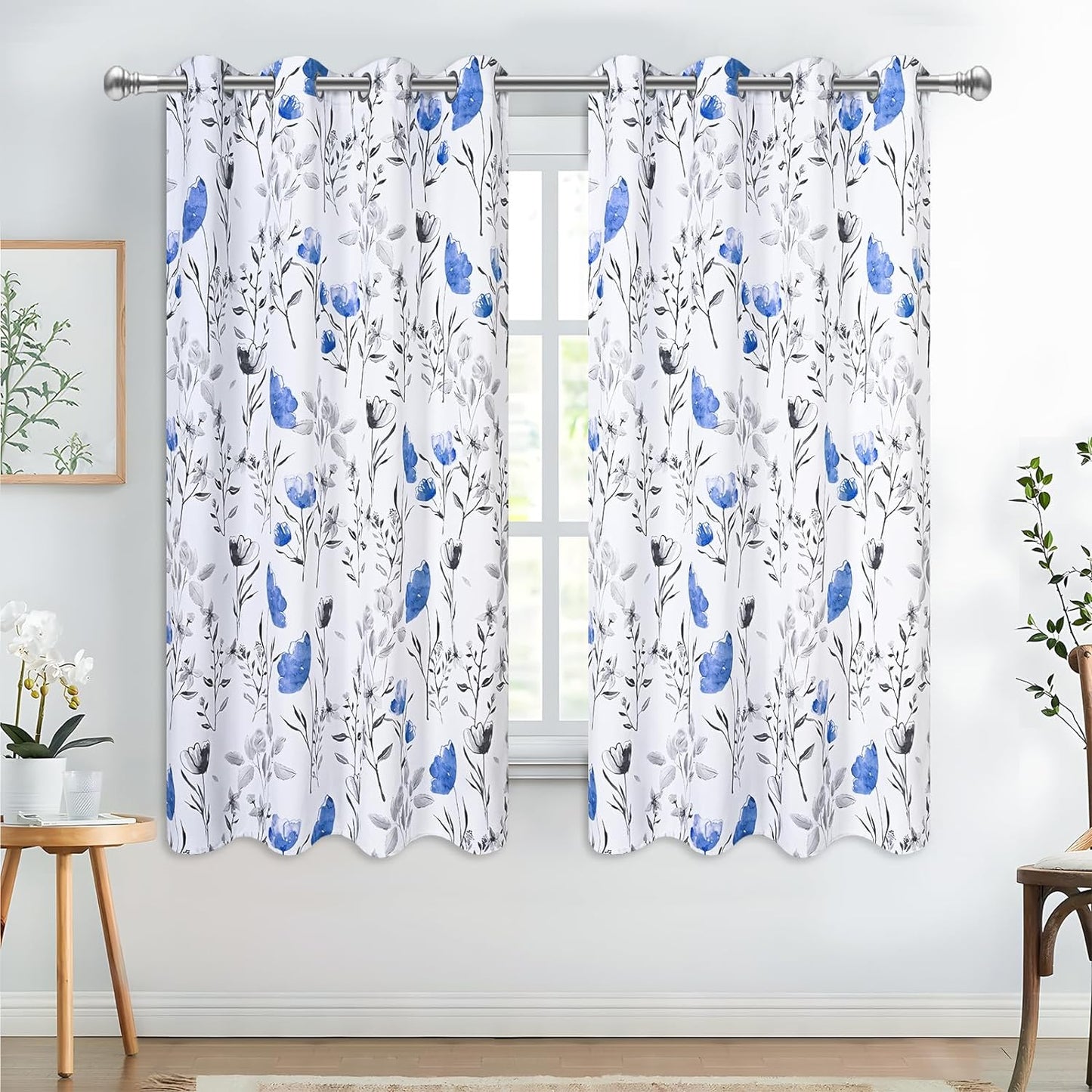 Likiyol Floral Kithchen Curtains 36 Inch Watercolor Flower Leaves Tier Curtains, Yellow and Gray Floral Cafe Curtains, Rod Pocket Small Window Curtain for Cafe Bathroom Bedroom Drapes  Likiyol Blue 63"L X 52"W 