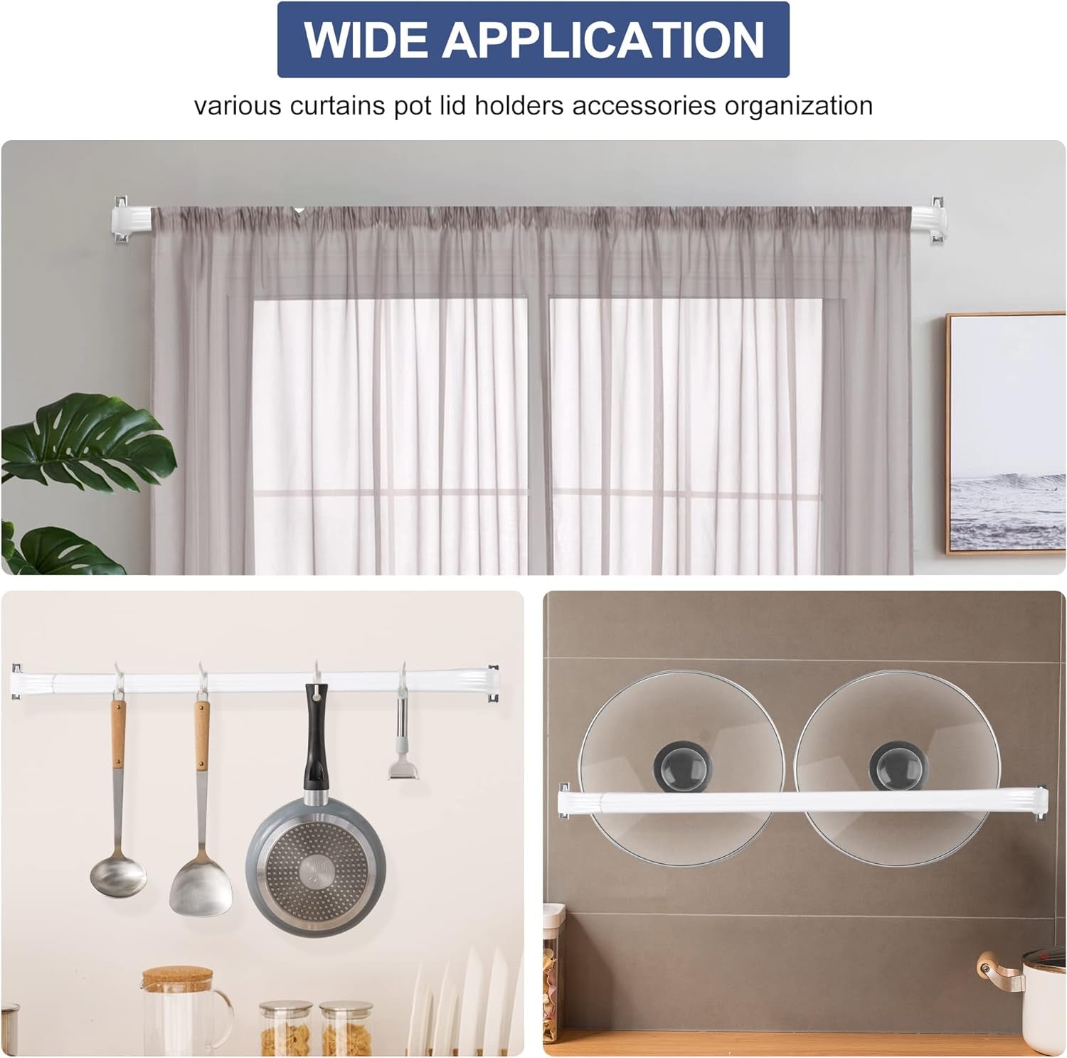 4 Pieces Adjustable Curtain Single Rod Heavy Duty Door Window Tension Rod Pan Lid Organizer for Home Valance Sash Curtains for Windows Doors Kitchen (32-79Inch)