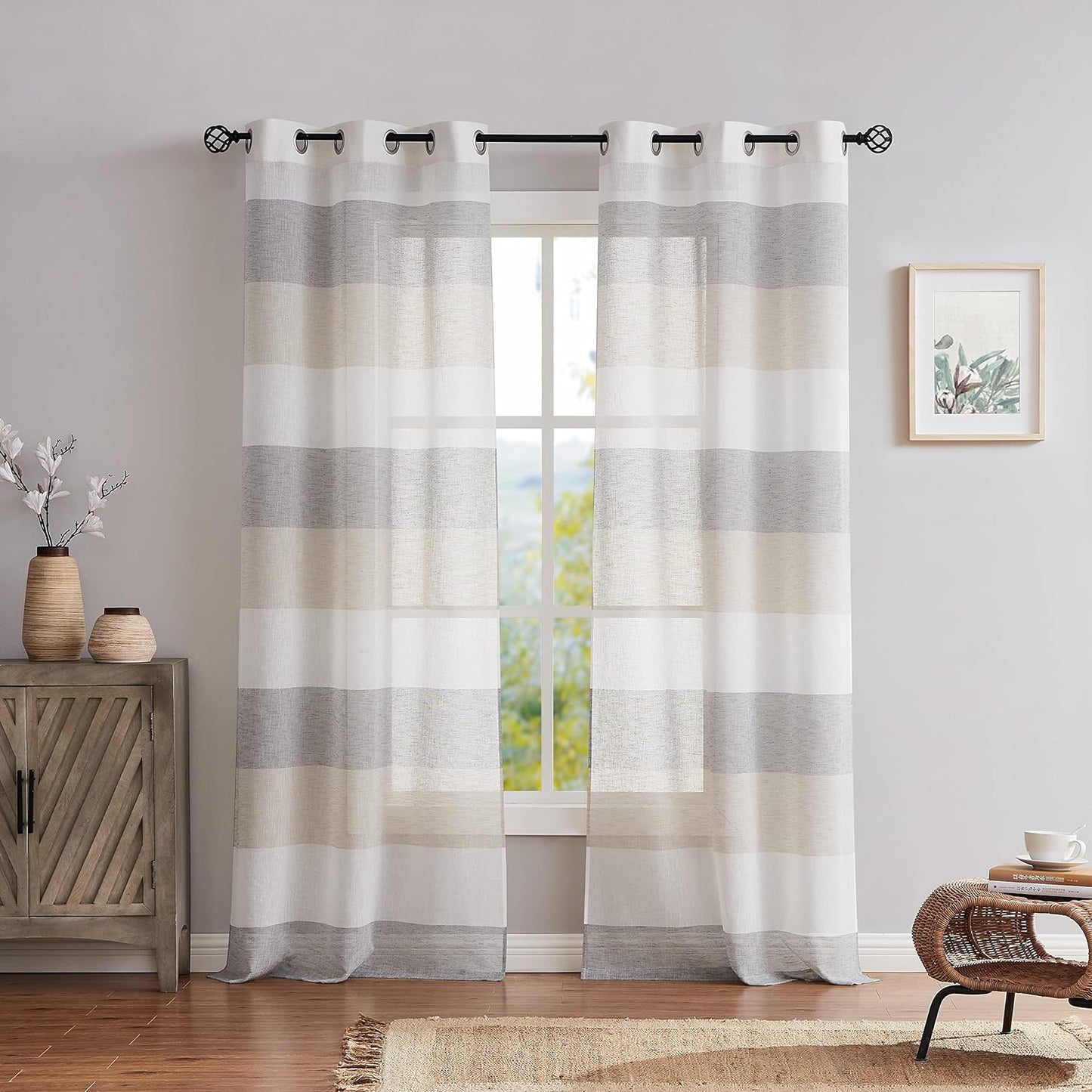 Central Park Gray Tan Stripe Sheer Color Block Window Curtain Panel Linen Window Treatment for Bedroom Living Room Farmhouse 84 Inches Long with Grommets, 2 Panel Rustic Drapes  Central Park Gray/Tan 40"X84"X2 