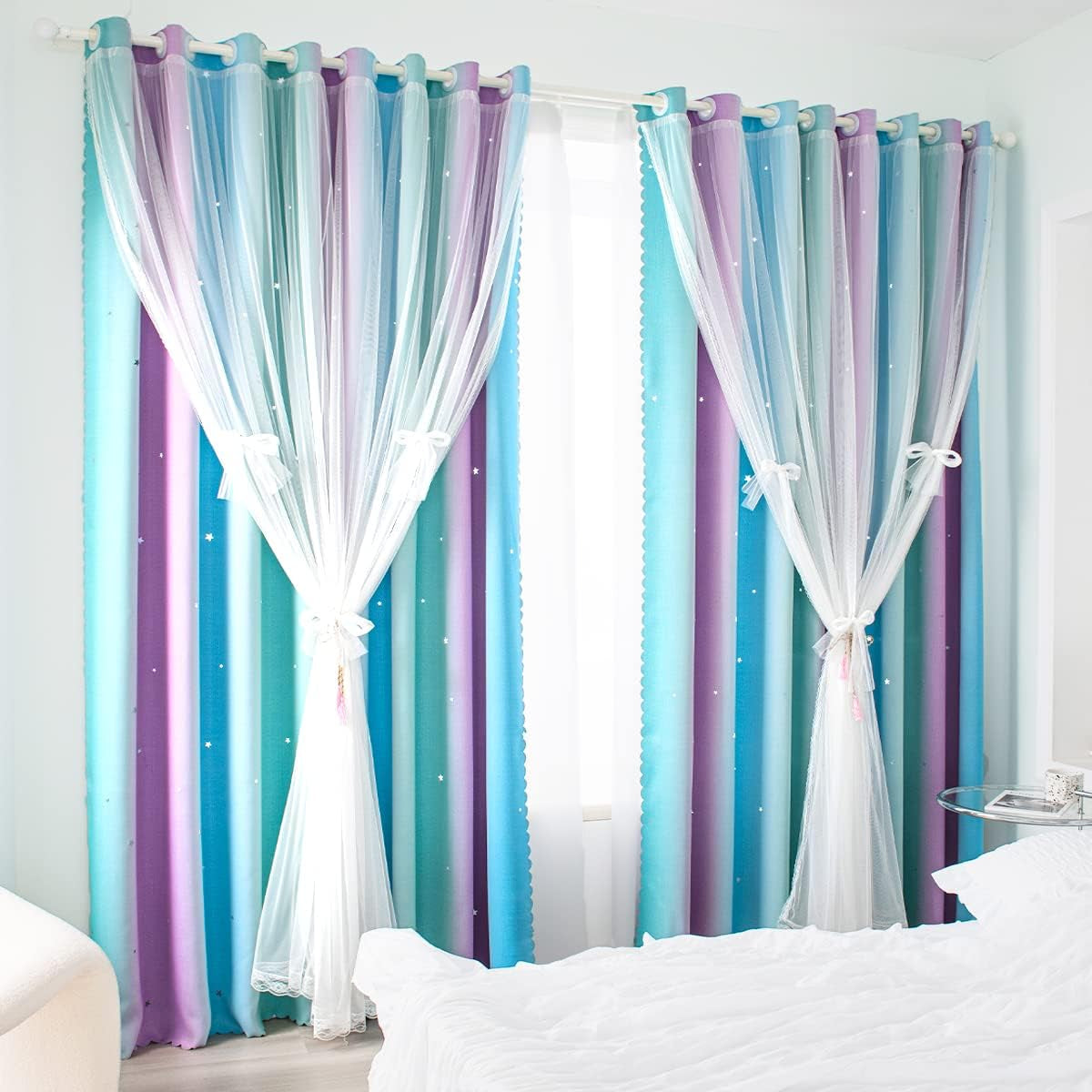 Yancorp Curtains for Girls Bedroom Kids Room Curtain Colorful Window Nursery Curtain 63 Inches Length Room Darkening Grommet 2 Layers (Pink Purple, W52 X L63)  Yancorp Purple Teal Blue W52" X L72" 