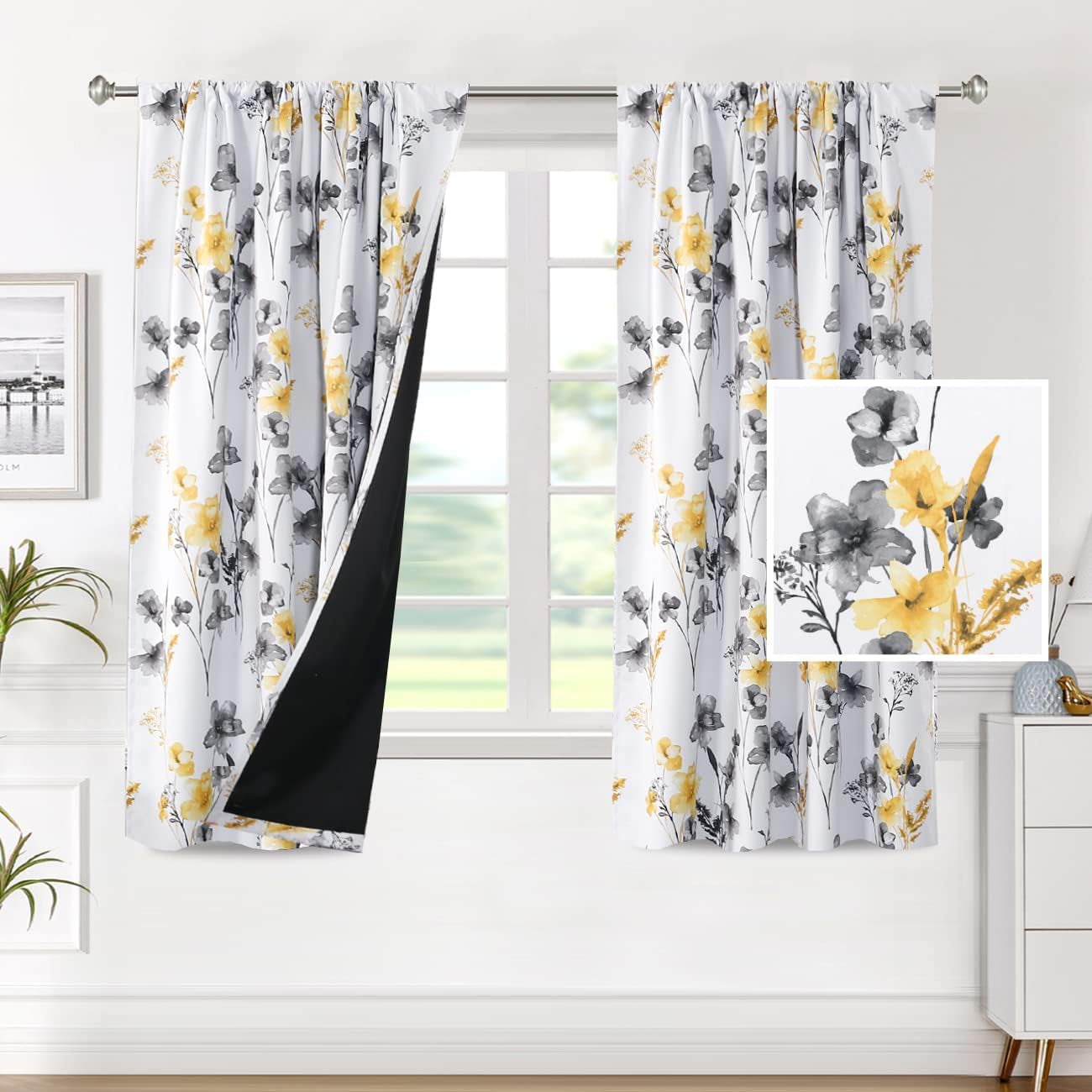 H.VERSAILTEX 100% Blackout Curtains for Bedroom Cattleya Floral Printed Drapes 84 Inches Long Leah Floral Pattern Full Light Blocking Drapes with Black Liner Rod Pocket 2 Panels, Navy/Taupe  H.VERSAILTEX Grey/Yellow 52"W X 63"L 