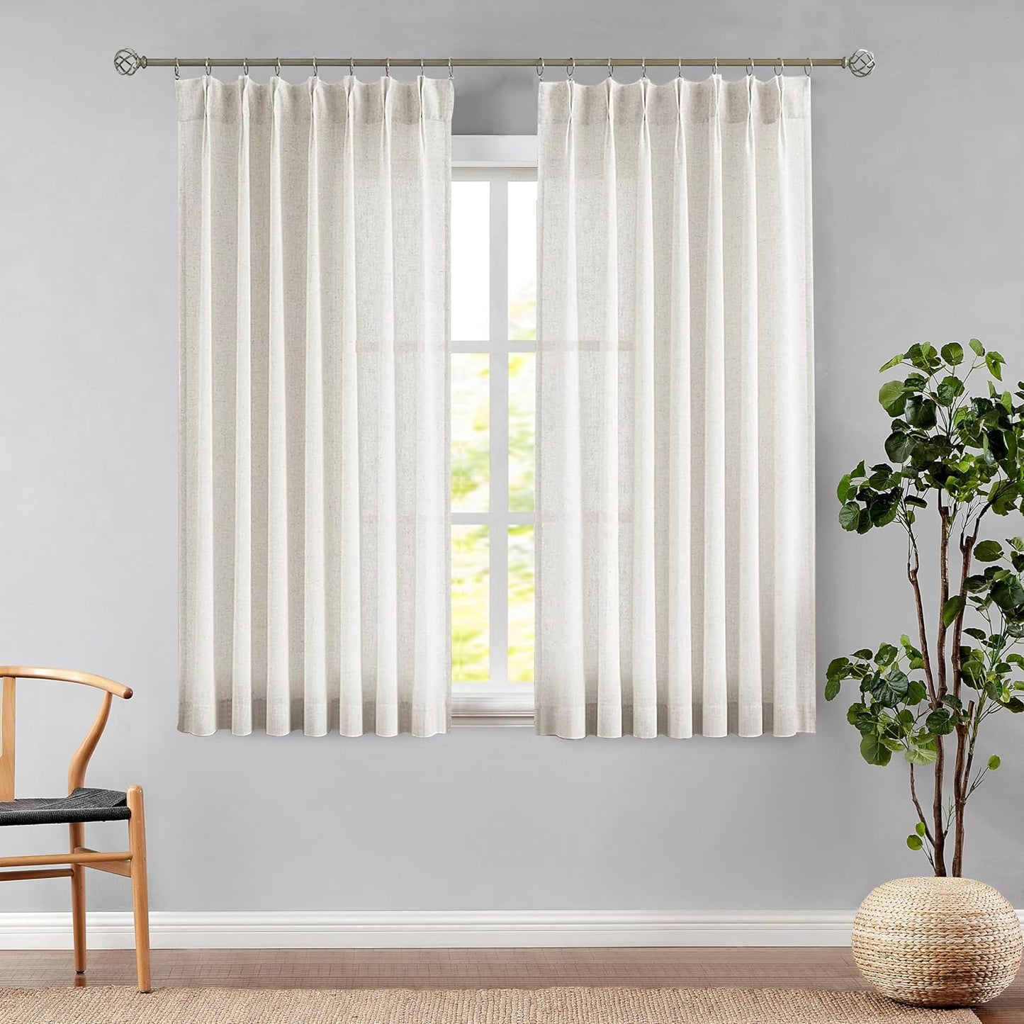 Central Park White Pinch Pleat Sheer Curtain 108 Inches Extra Long Textured Farmhouse Window Treatment Drapery Sets for Living Room Bedroom, 40"X108"X2  Central Park Linen/Pinch 40"X63"X2 